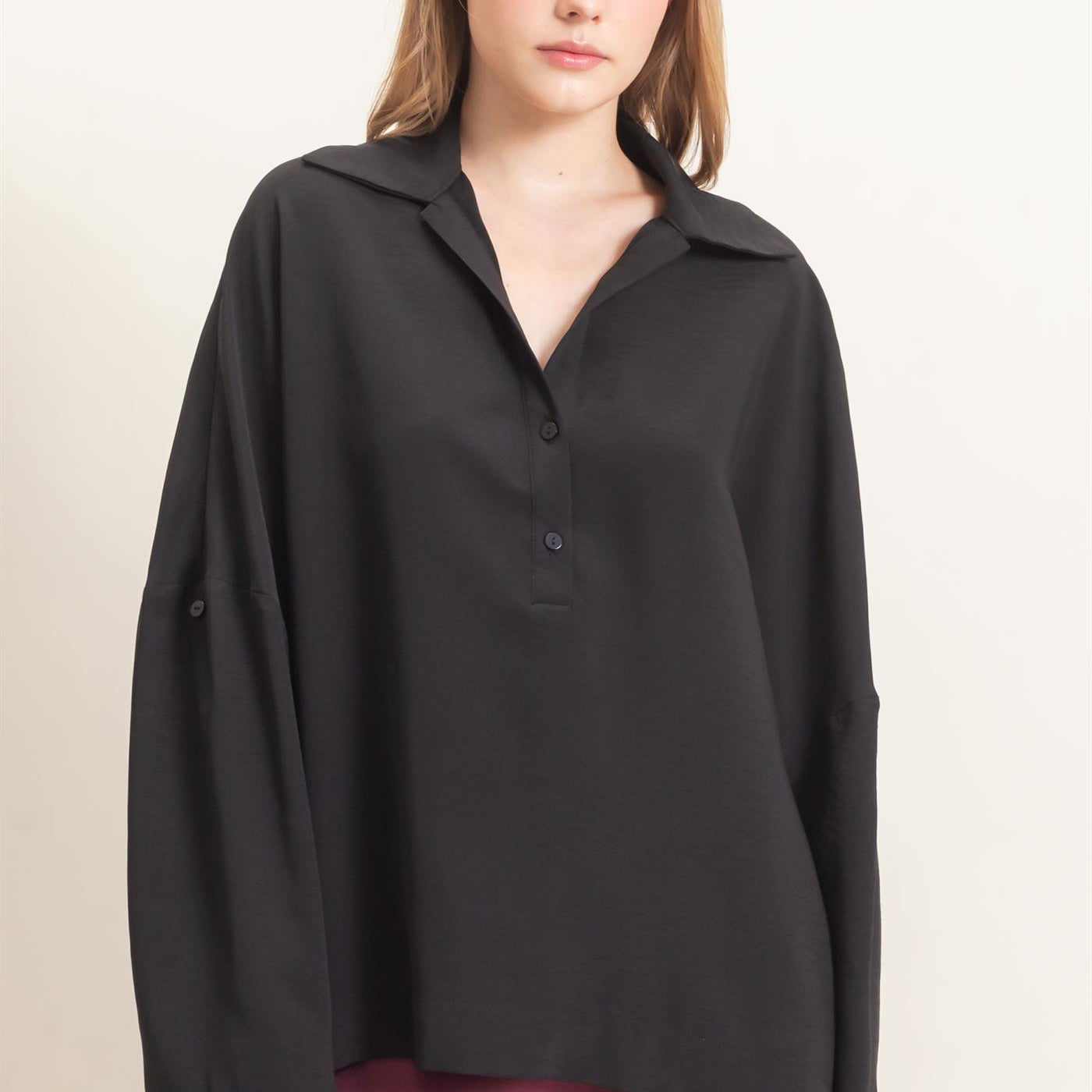 Wholesale Buttoned Collar Split Sleeve Top Clothing Tops HF26F071 BLACK HYFVE