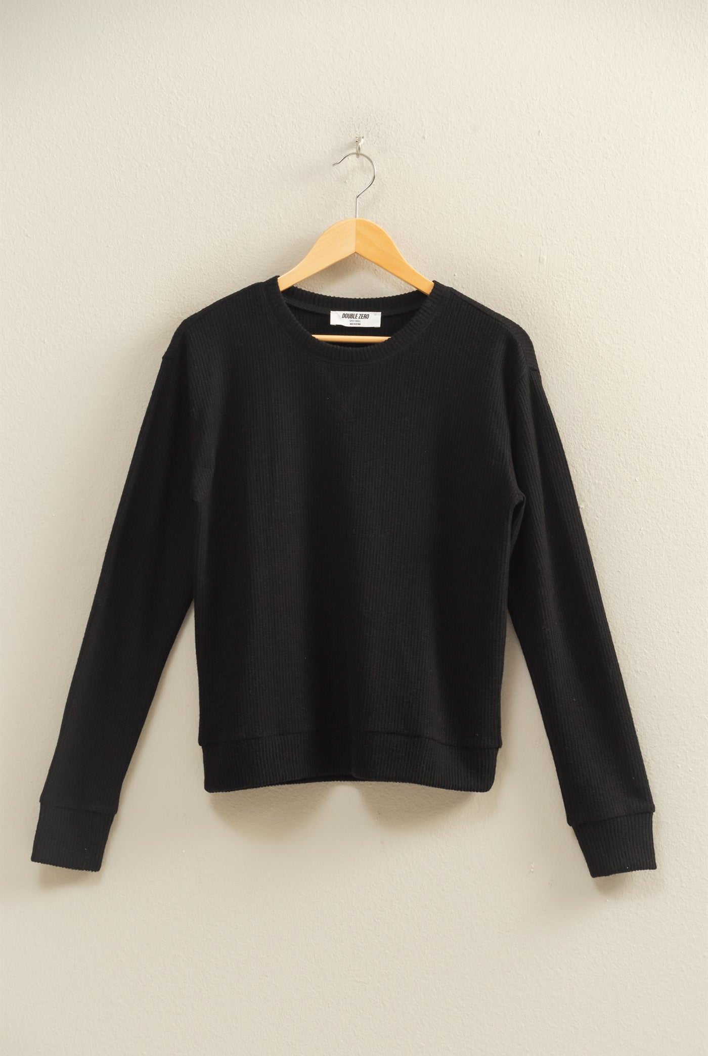 Wholesale Brushed Waffle Crew Neck Long Sleeve Top Clothing Tops DZ26A177 BLACK DOUBLE ZERO