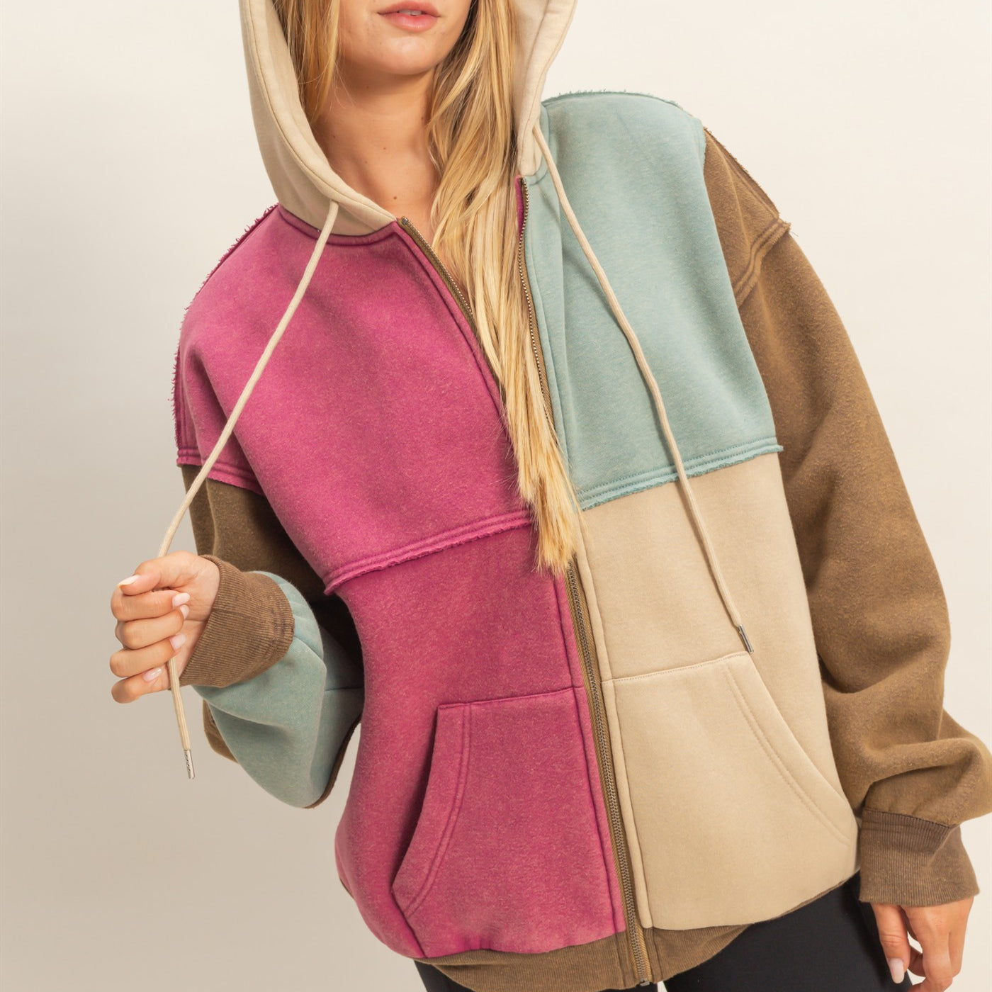 Wholesale Mineral Washed Colorblock Hoodie Jacket Hoodies HF26A959 BROWN COMBO HYFVE