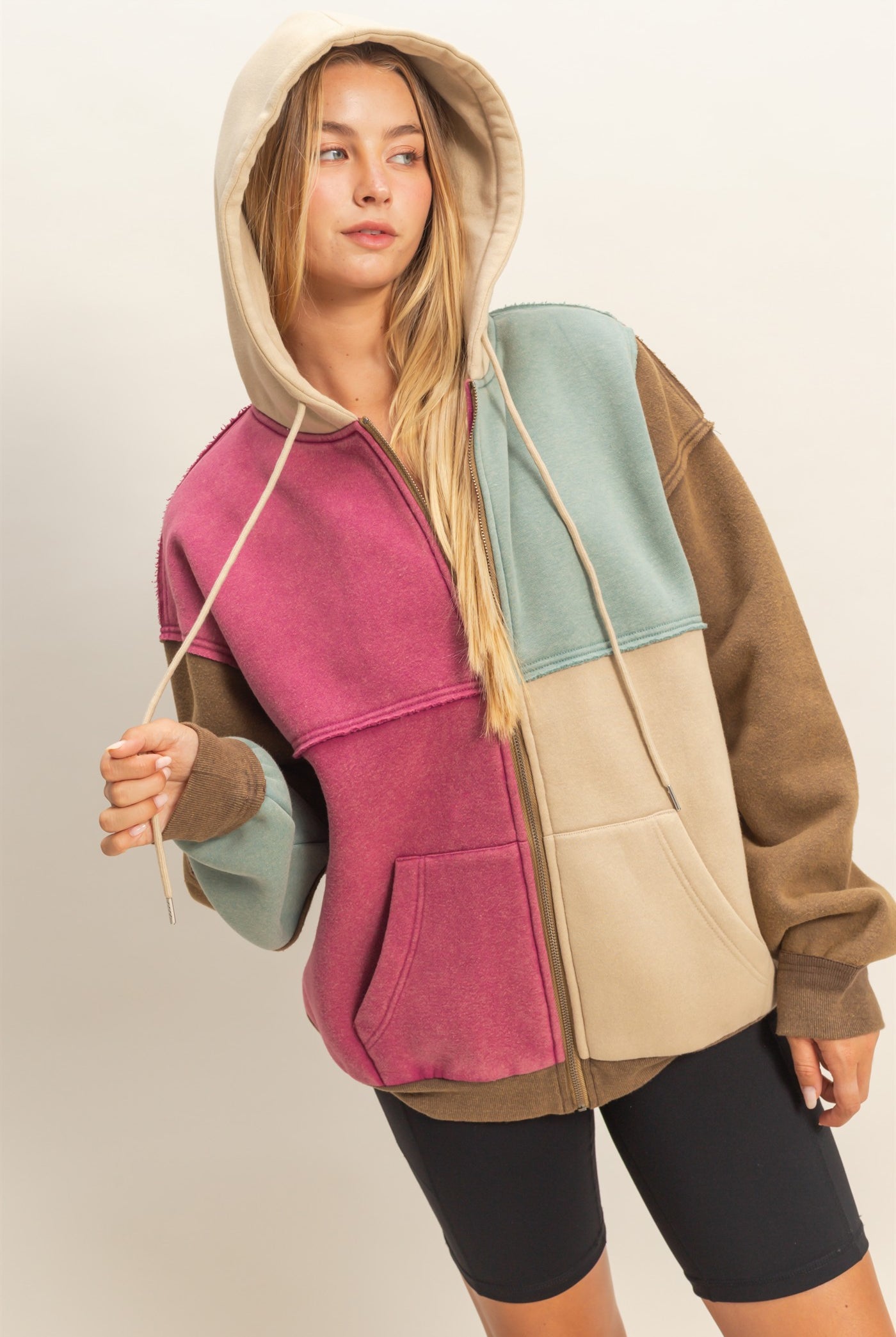 Wholesale Mineral Washed Colorblock Hoodie Jacket Hoodies HF26A959 BROWN COMBO HYFVE