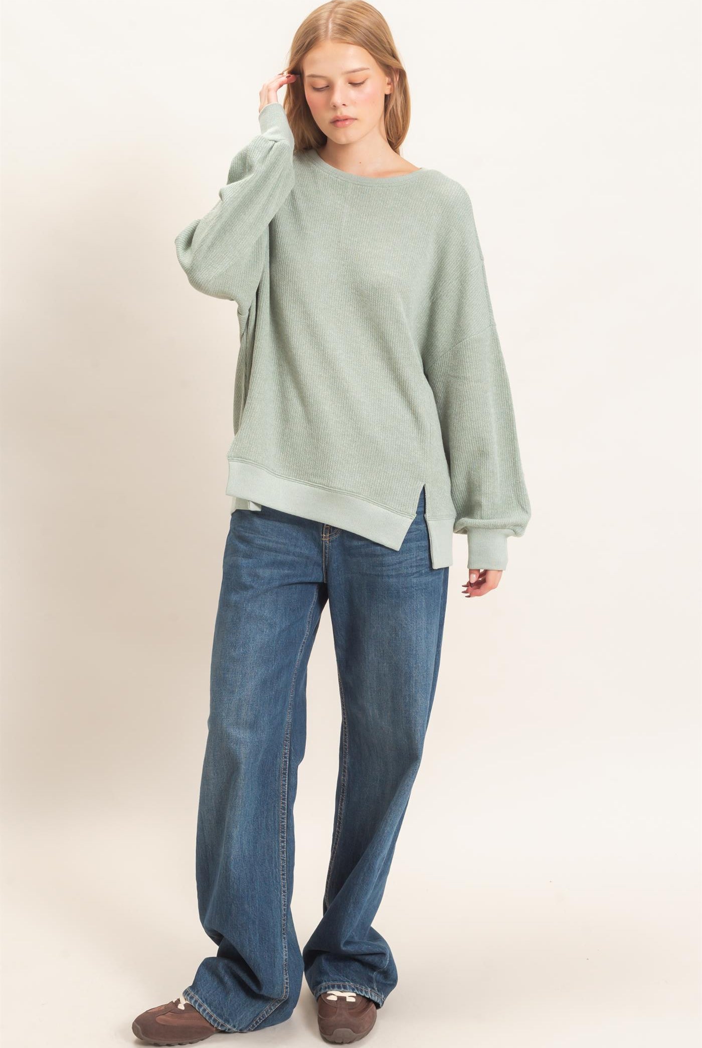 Wholesale Ribbed Boat Neck Knit Top Clothing Tops HF26E852 SAGE HYFVE