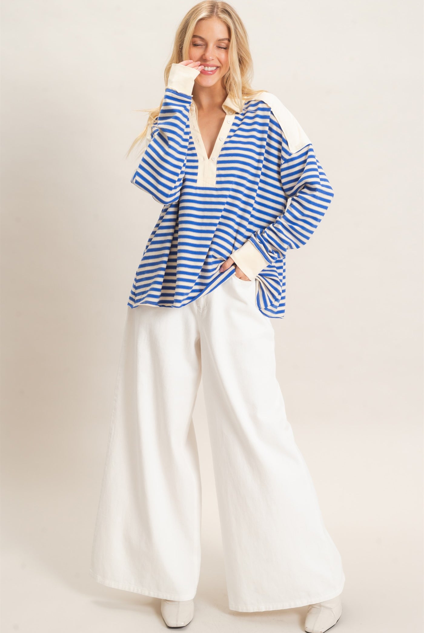 Wholesale Striped Henley Sweatshirt Clothing Tops HF26F089 BLUE HYFVE