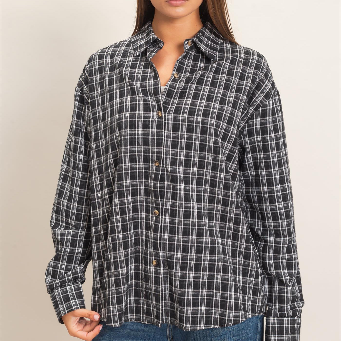 Wholesale Plaid Oversized Shirt Shirts DZ26F062 BLACK DOUBLE ZERO
