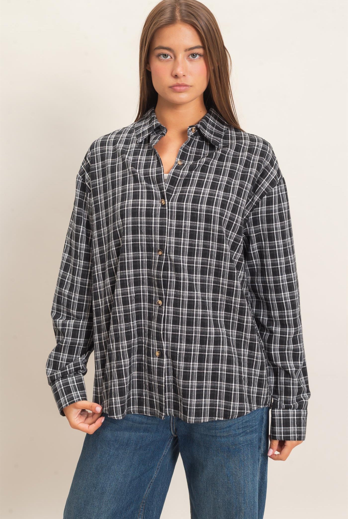 Wholesale Plaid Oversized Shirt Shirts DZ26F062 BLACK DOUBLE ZERO