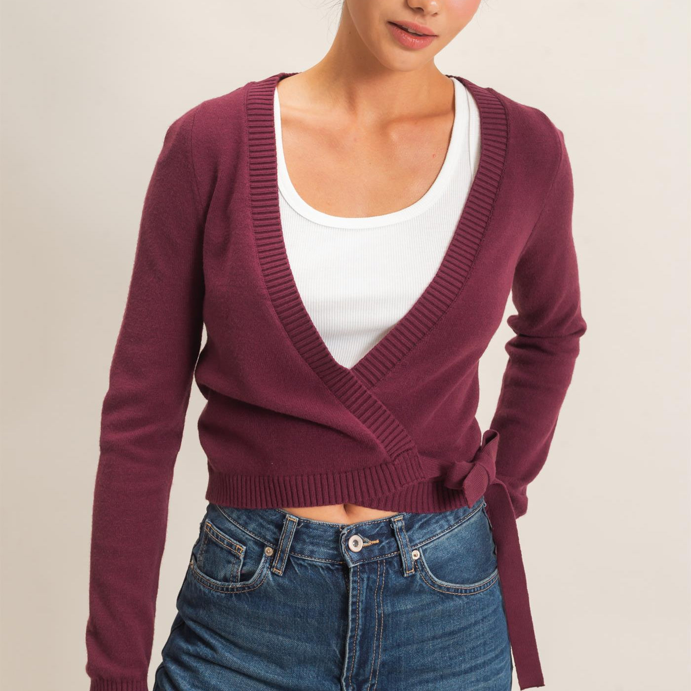 Wholesale Wrap Knit Cardigan Sweaters DZ26F393 DARK CHERRY DOUBLE ZERO