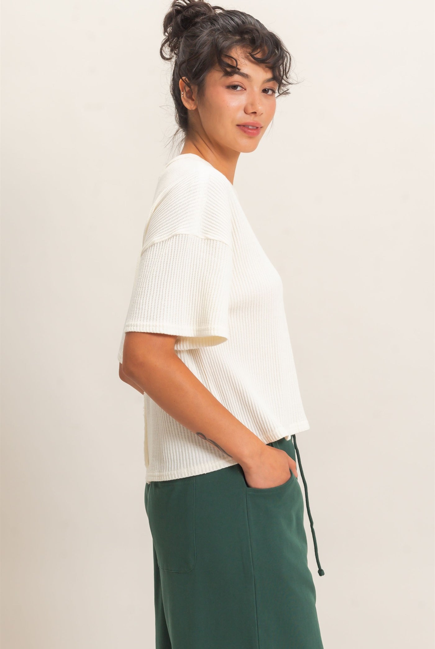 Wholesale Mineral Wash Waffle Knit Pocket Top Clothing Tops DZ26E222 CREAM DOUBLE ZERO