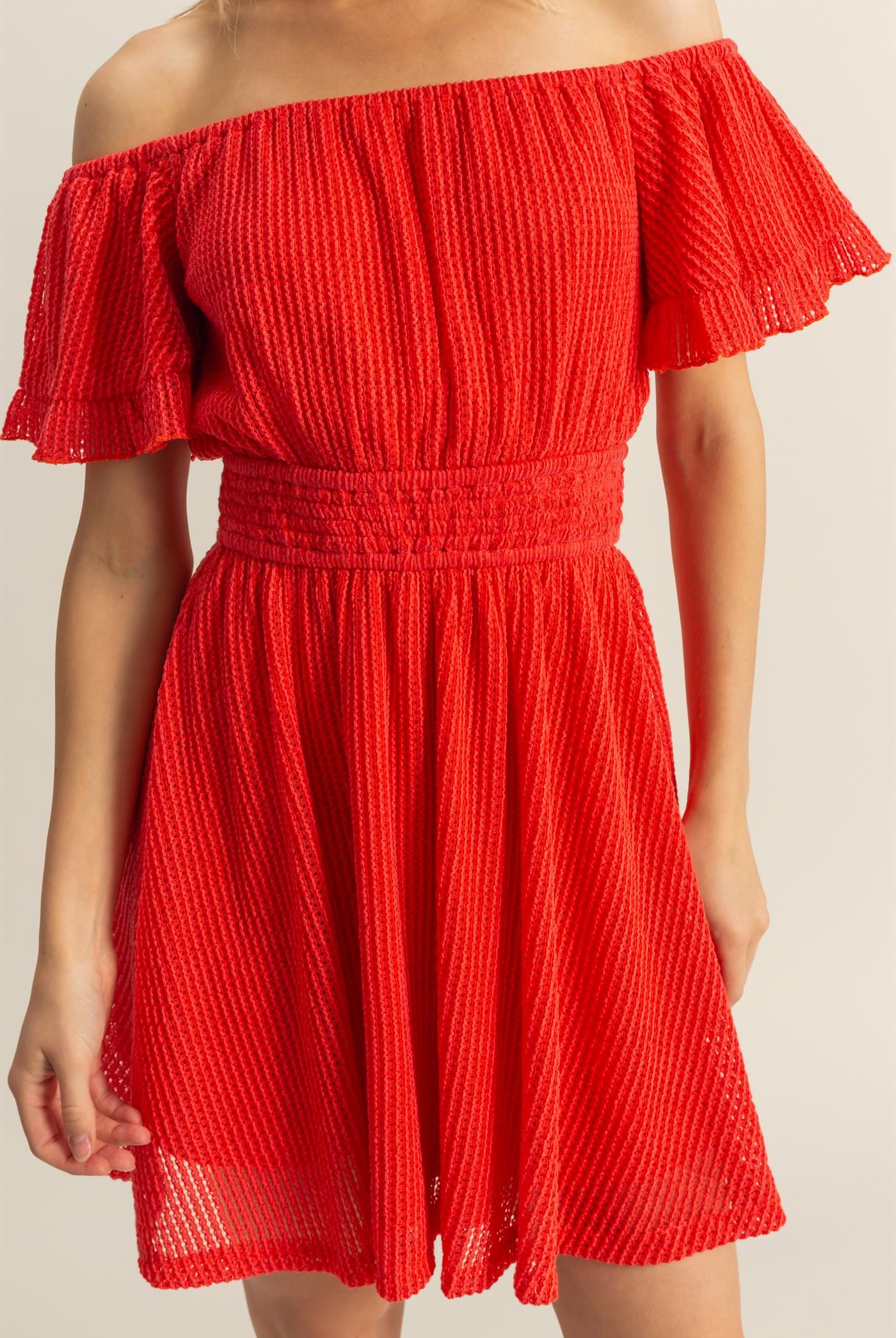 Wholesale Crochet Off-The-Shoulder Mini Dress Dresses HF25E125 CORAL HYFVE