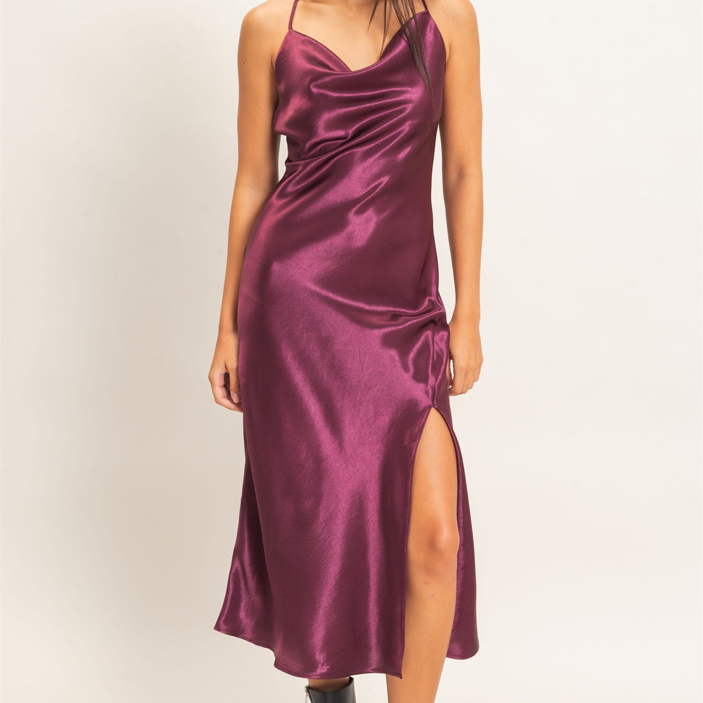 Wholesale Cowl Neck Satin Slip Dress Dresses DZ26E251 DARK CHERRY DOUBLE ZERO