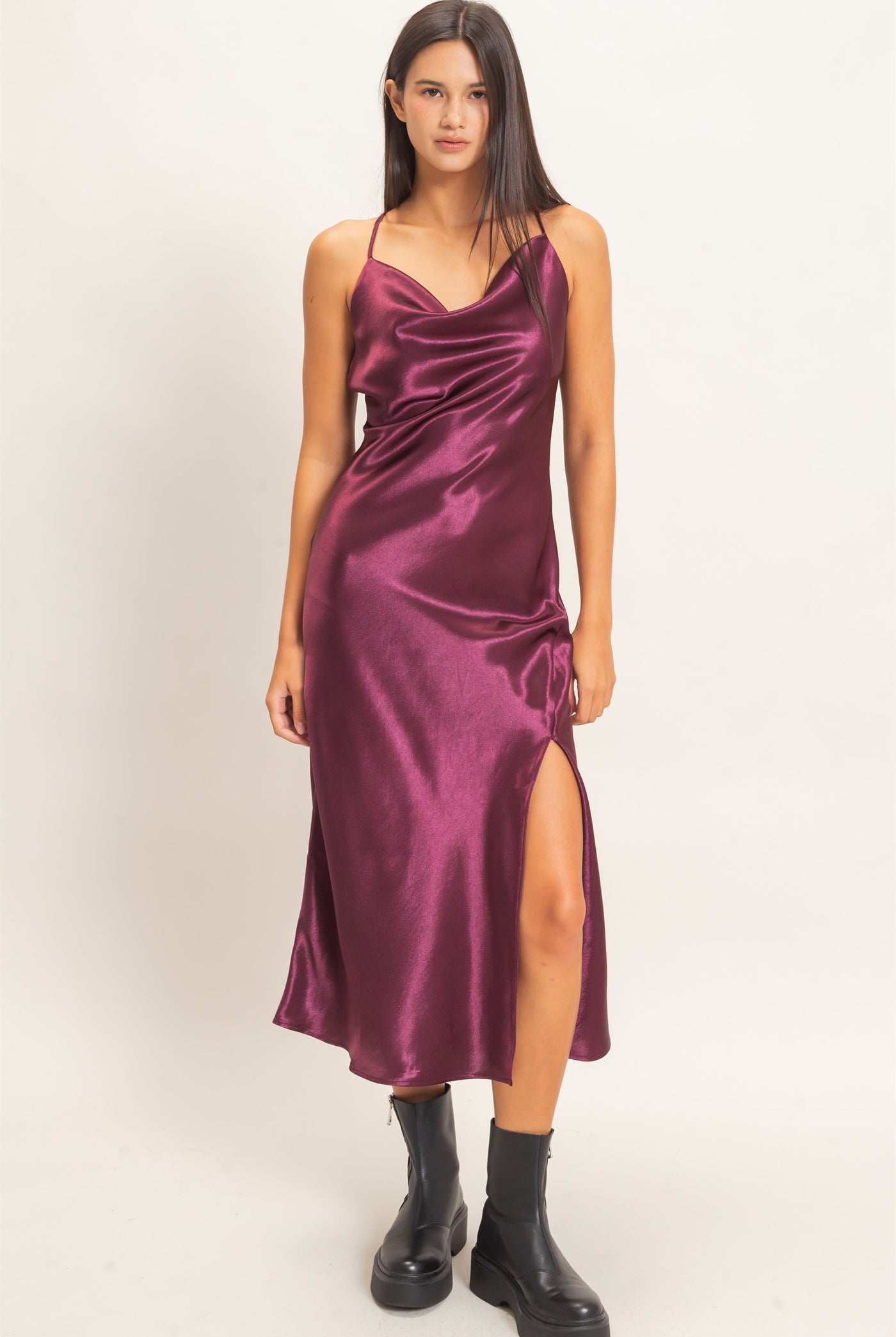 Wholesale Cowl Neck Satin Slip Dress Dresses DZ26E251 DARK CHERRY DOUBLE ZERO