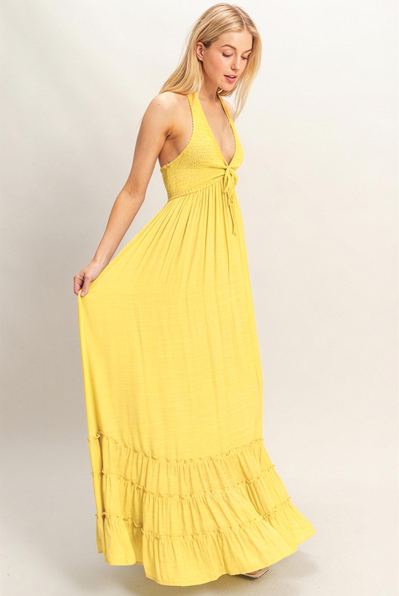 Wholesale Halter Neck Smocked Maxi Dress Dresses HF26C287-D LIGHT YELLOW HYFVE