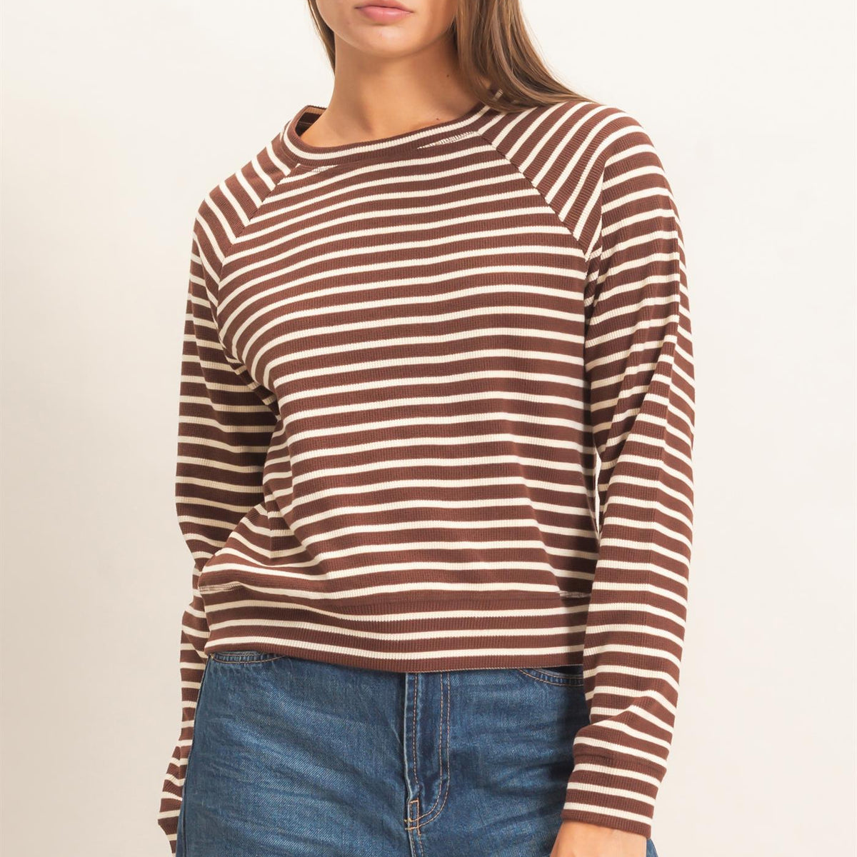 Wholesale Striped Waffle Knit Raglan Top Clothing Tops DZ26E450 DARK BROWN DOUBLE ZERO