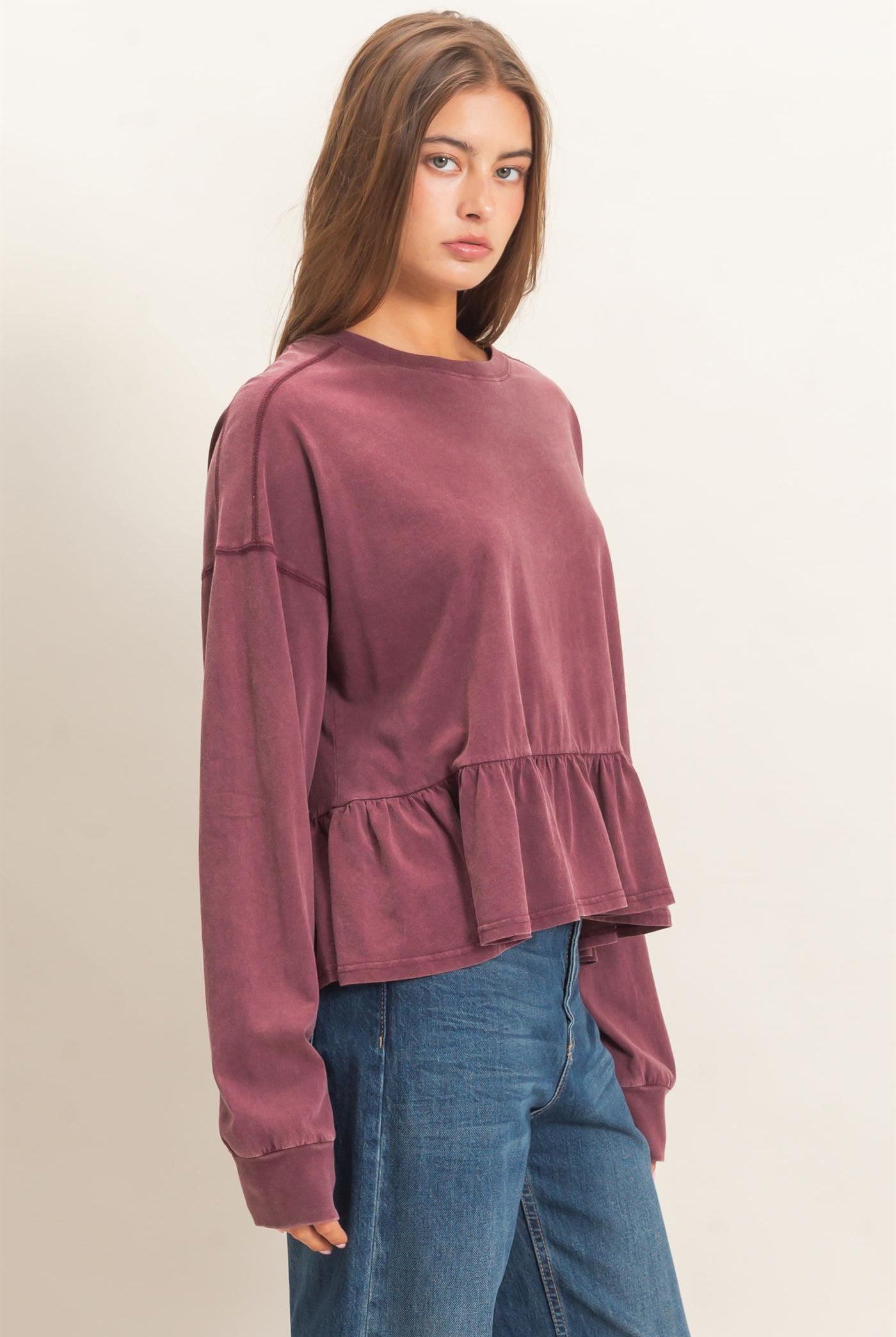 Wholesale Peplum Long Sleeve Top Clothing Tops DZ26F397 DARK CHERRY DOUBLE ZERO