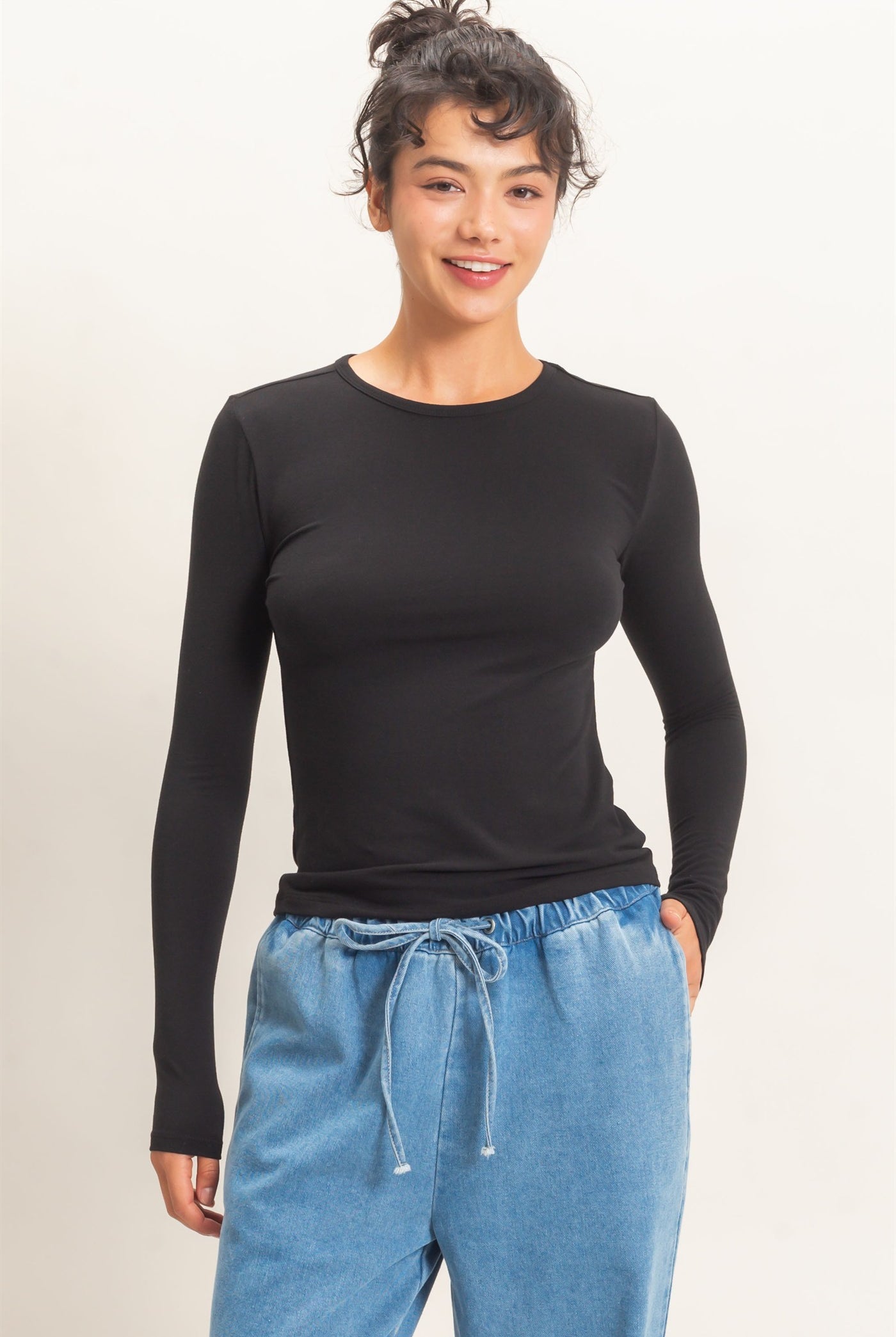 Wholesale Crew Neck Long Sleeve Top Clothing Tops DZ26E258 BLACK DOUBLE ZERO