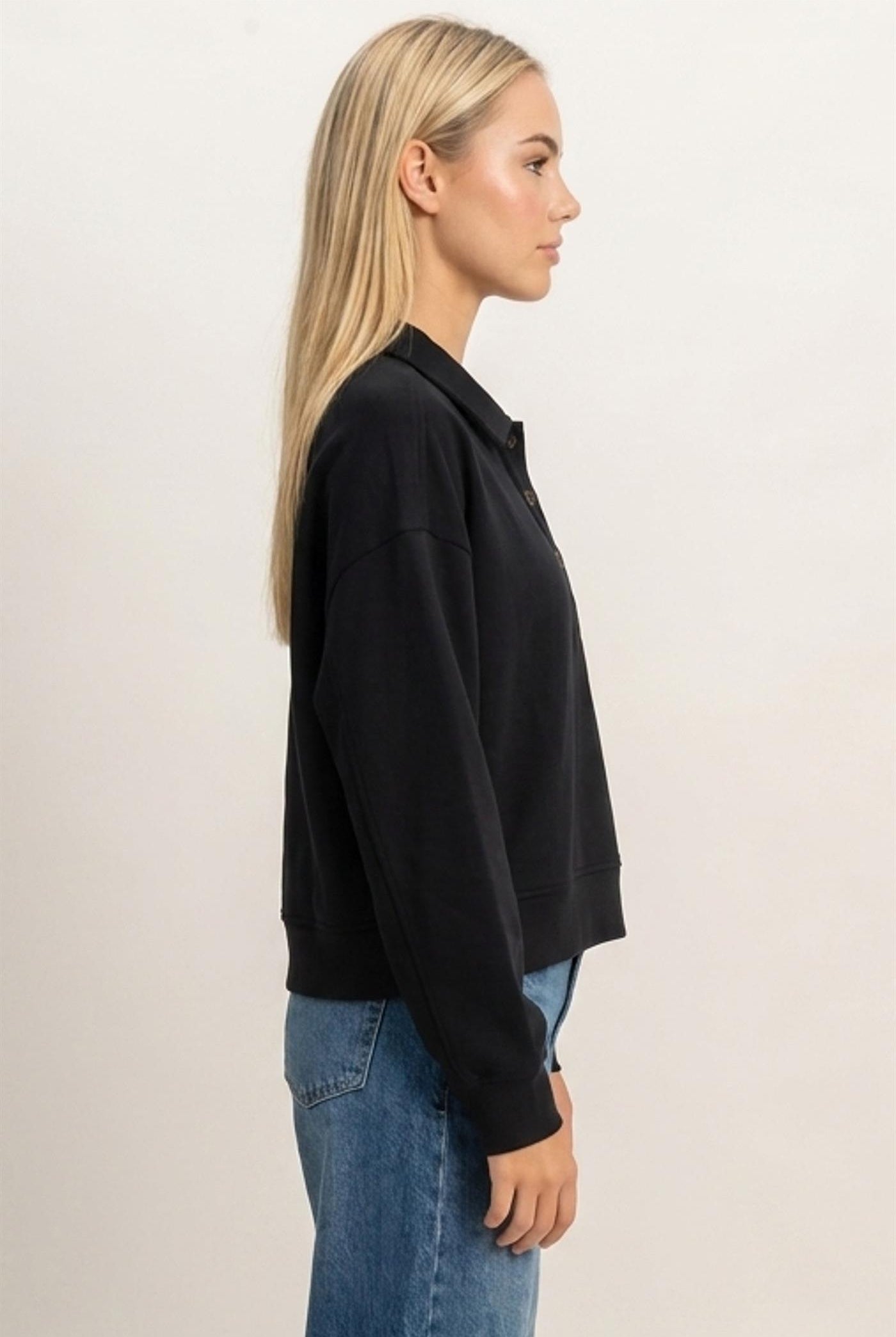 Wholesale Washed Button-Front Collared Sweatshirt Sweatshirts DZ26E390 BLACK DOUBLE ZERO