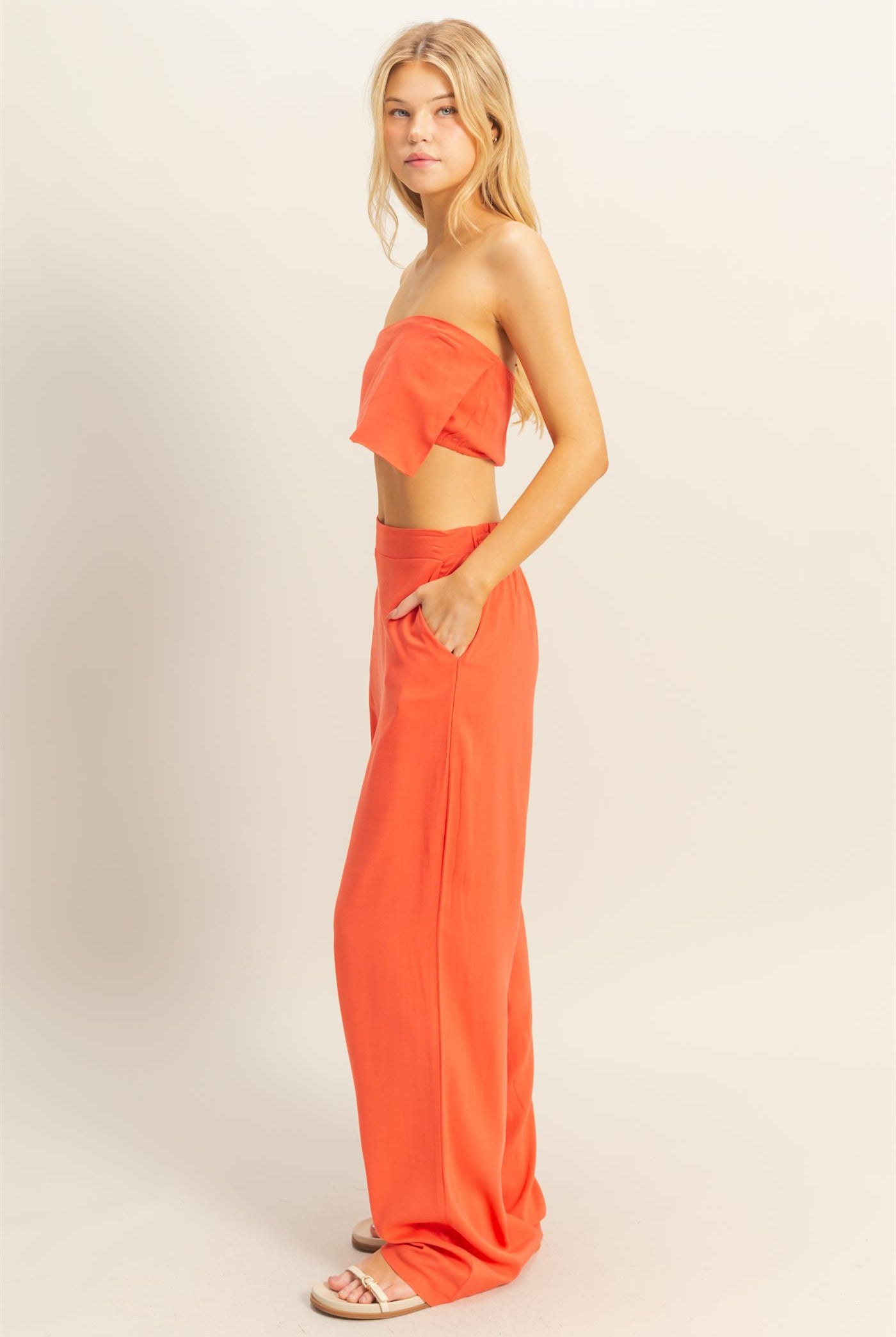 Wholesale Stretch Linen Top And Pants Set Clothing HF25E016-SET ORANGE RED HYFVE