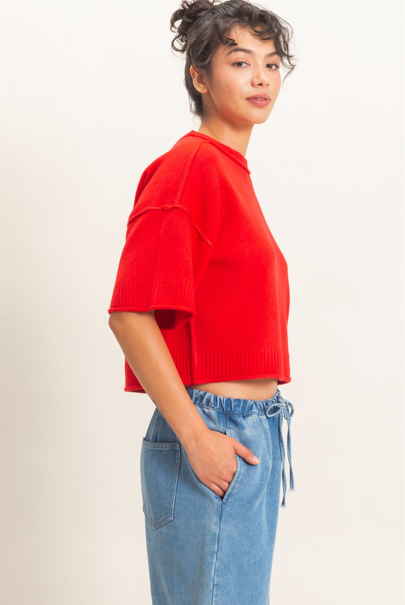 Wholesale Seam Detail Short Sleeve Knit Top Clothing Tops DZ26A827 RED DOUBLE ZERO