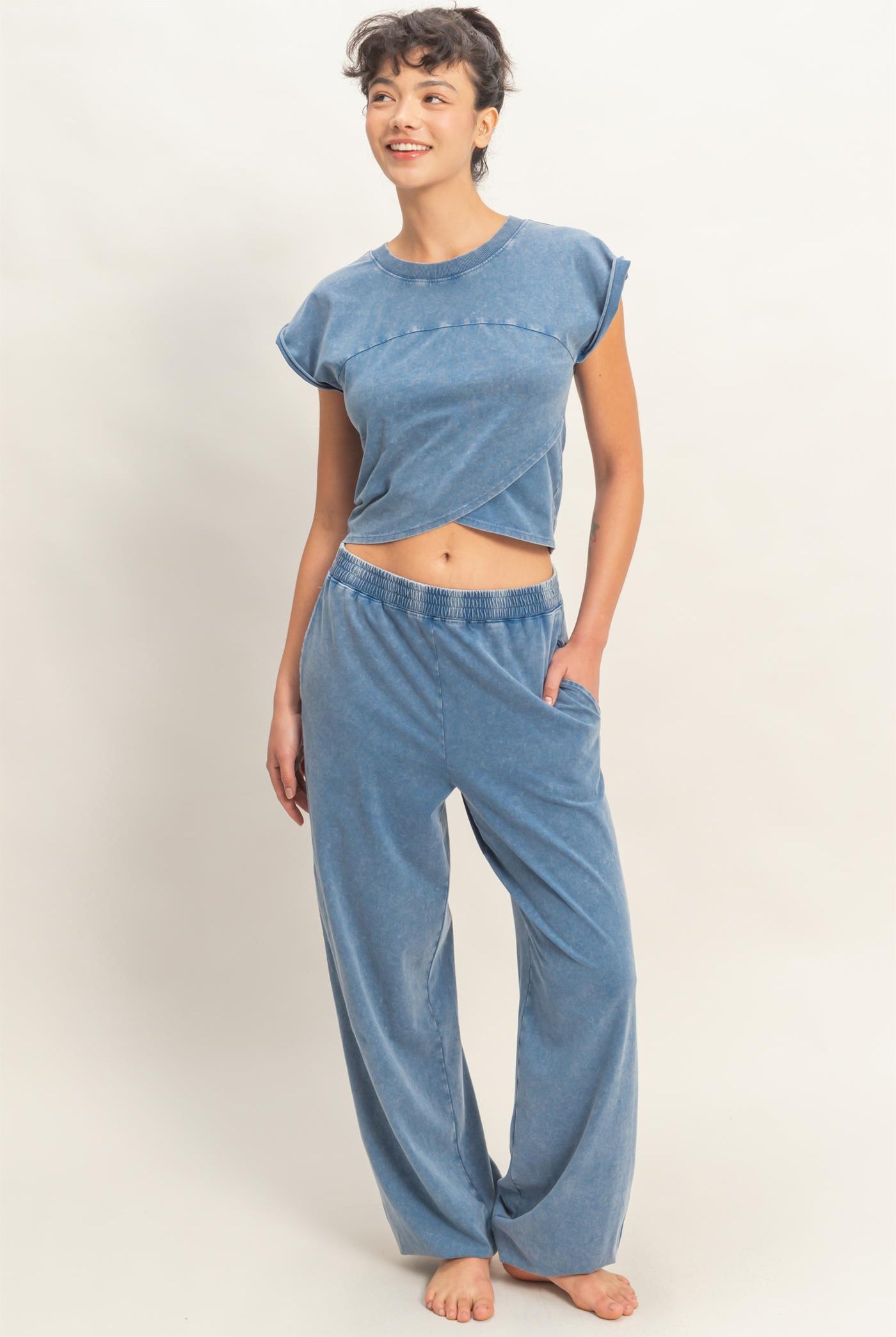 Wholesale Rolled Sleeve Wrap-Front Crop Top And Jogger Set Clothing DZ26A172-SET NAVY DOUBLE ZERO