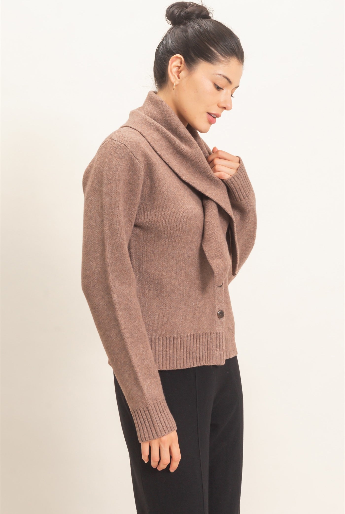 Wholesale Attached Scarf Button-Front Cardigan Cardigans HF26E870 MOCHA HYFVE