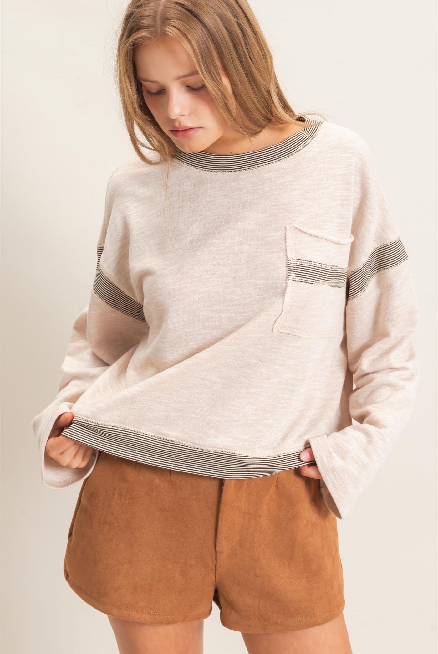 Wholesale Striped Trim Pocket Sweatshirt Sweatshirts HF26E557 OATMEAL HYFVE