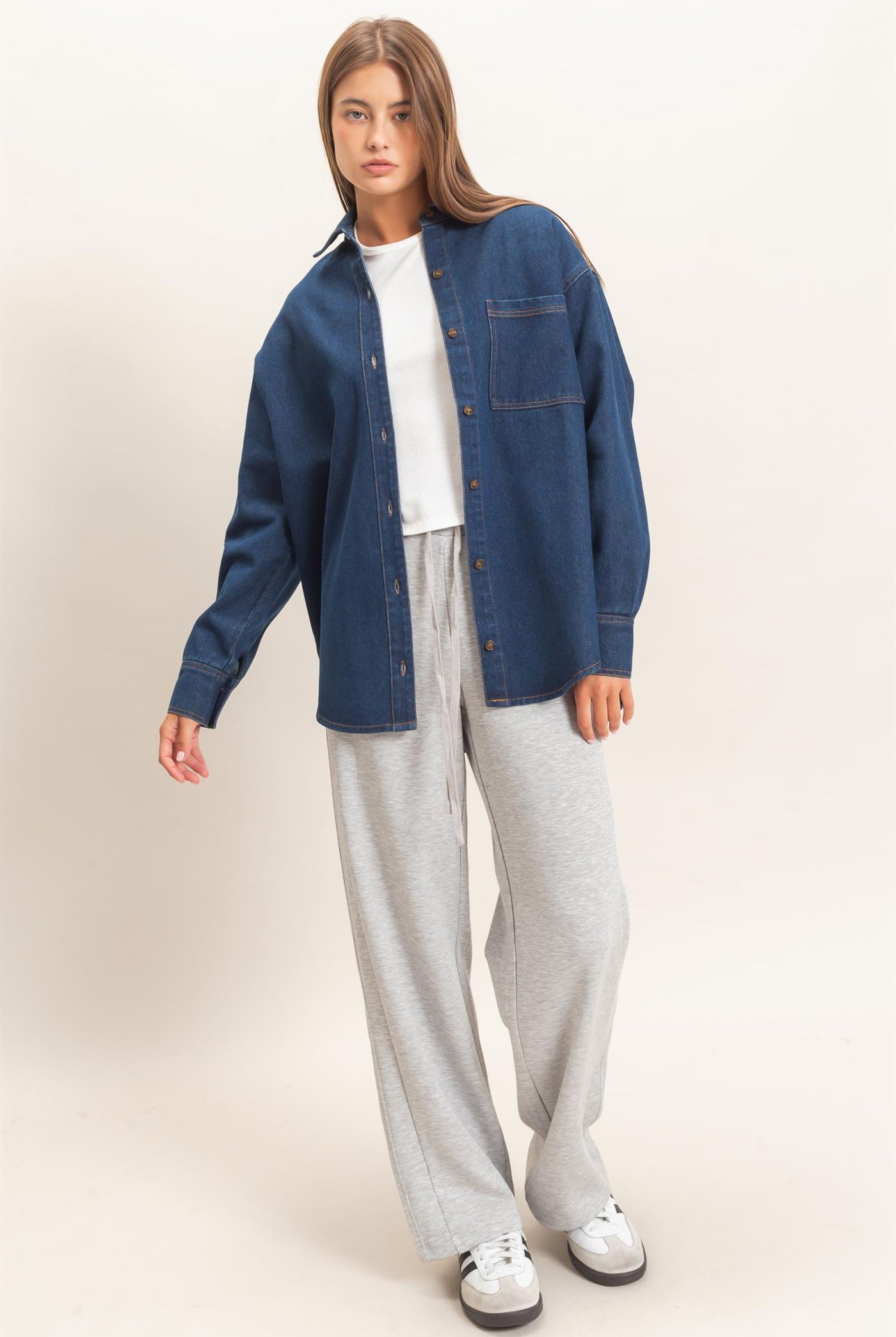 Wholesale Denim Button-Up Collar Shirt Clothing Tops DZ26F410 DARK BLUE DOUBLE ZERO