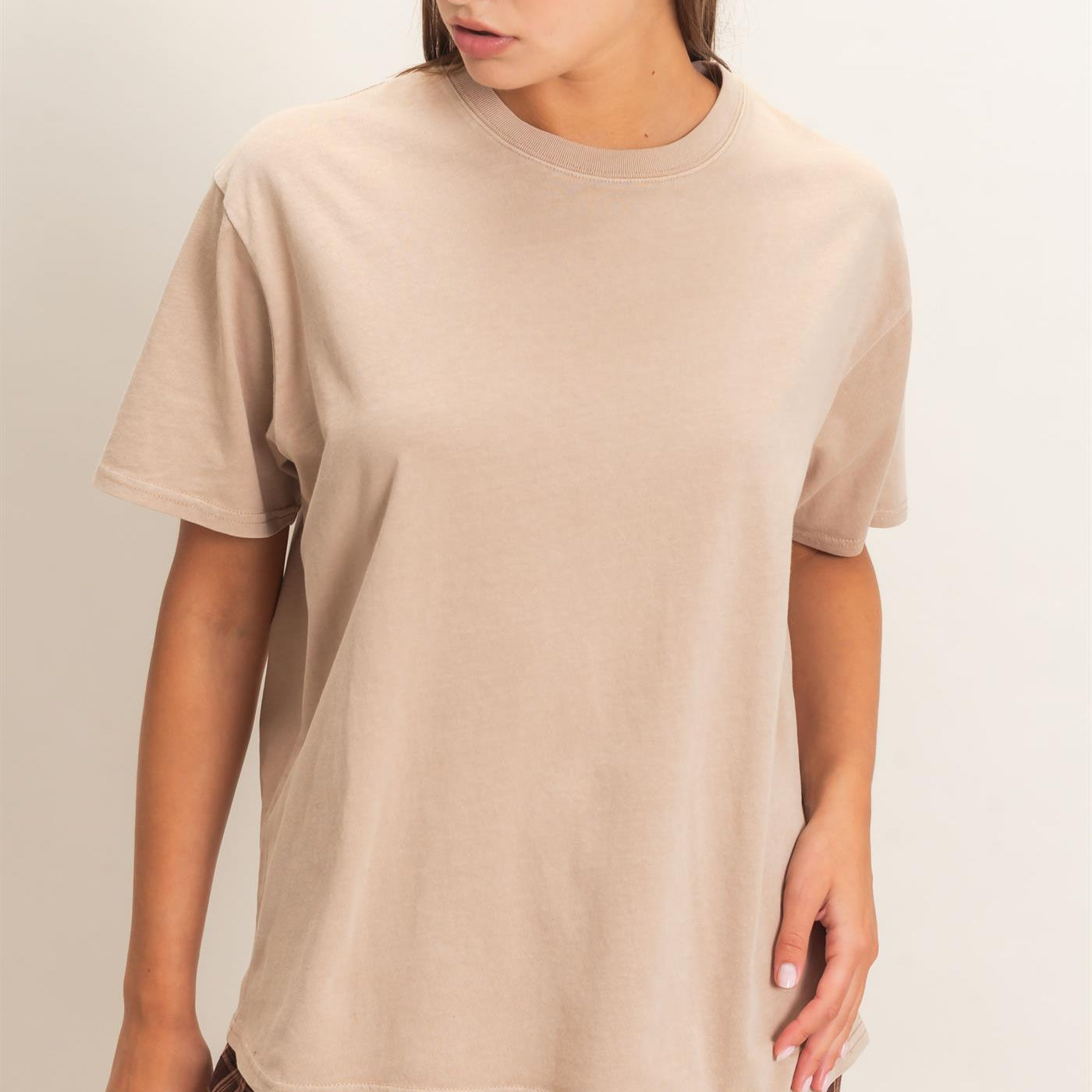Wholesale Crew Neck Pigment Dye T-Shirt Clothing Tops DZ26E448 TAUPE DOUBLE ZERO