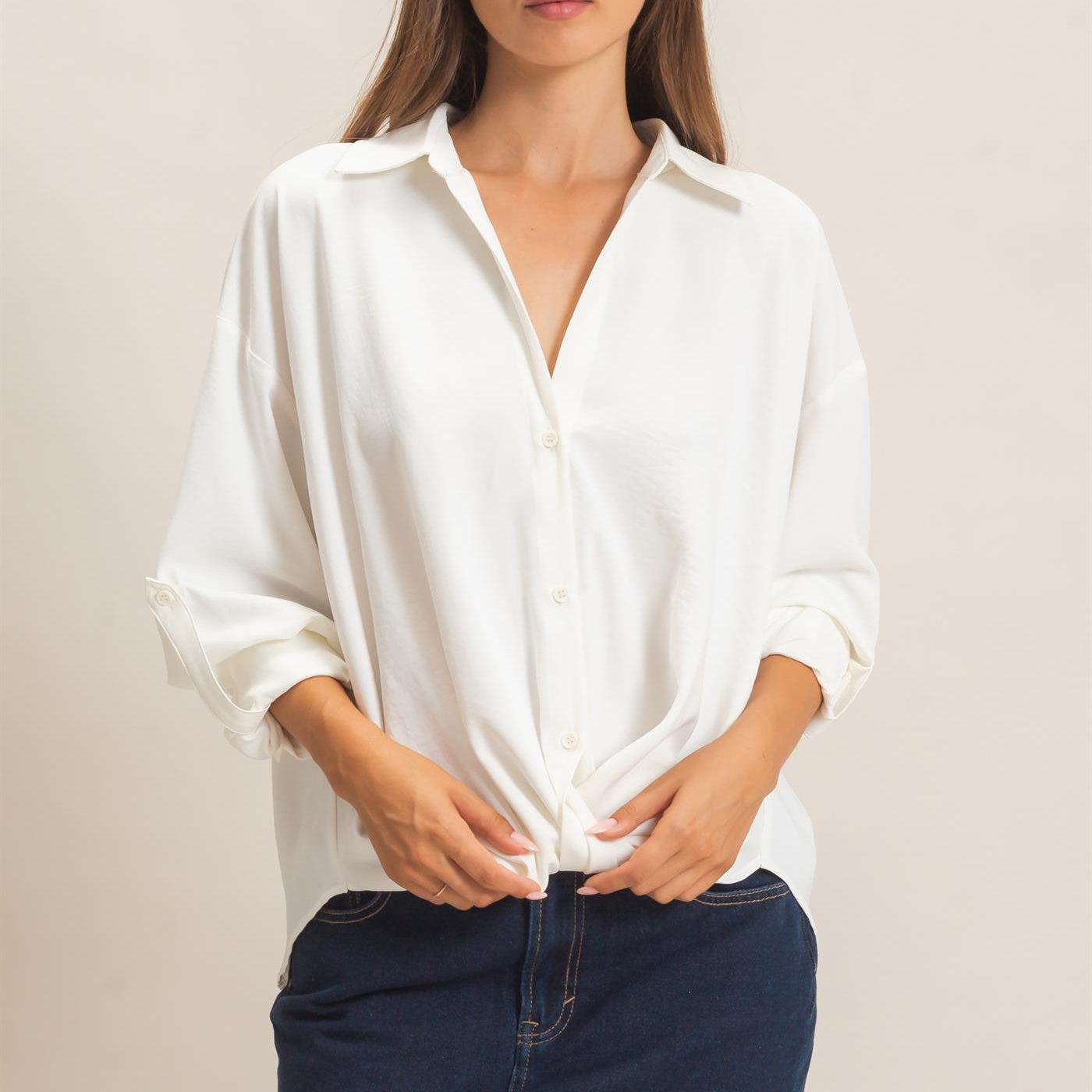 Wholesale Button-Up Dolman Sleeve Top Shirts HF26F070 OFF WHITE HYFVE