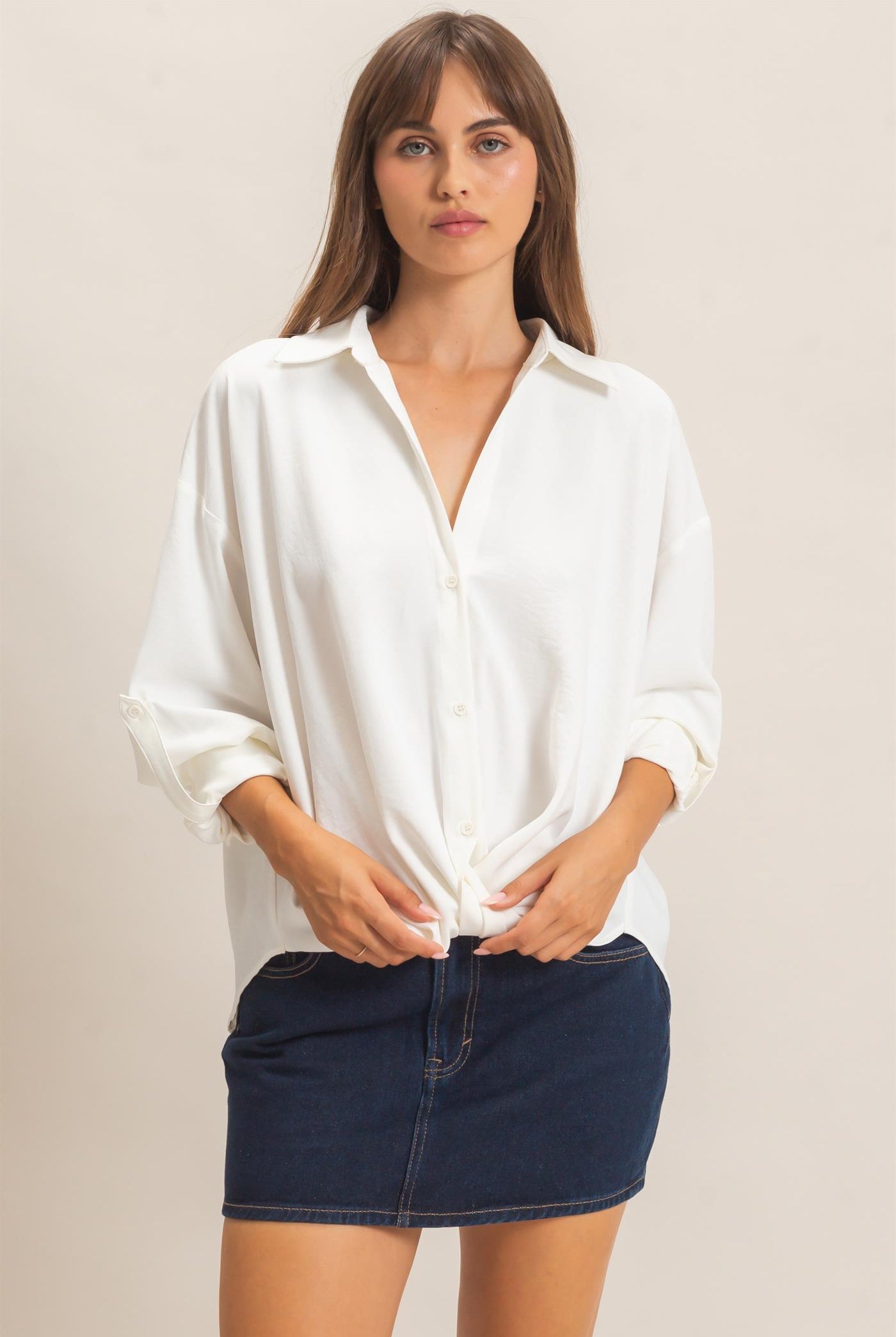 Wholesale Button-Up Dolman Sleeve Top Shirts HF26F070 OFF WHITE HYFVE
