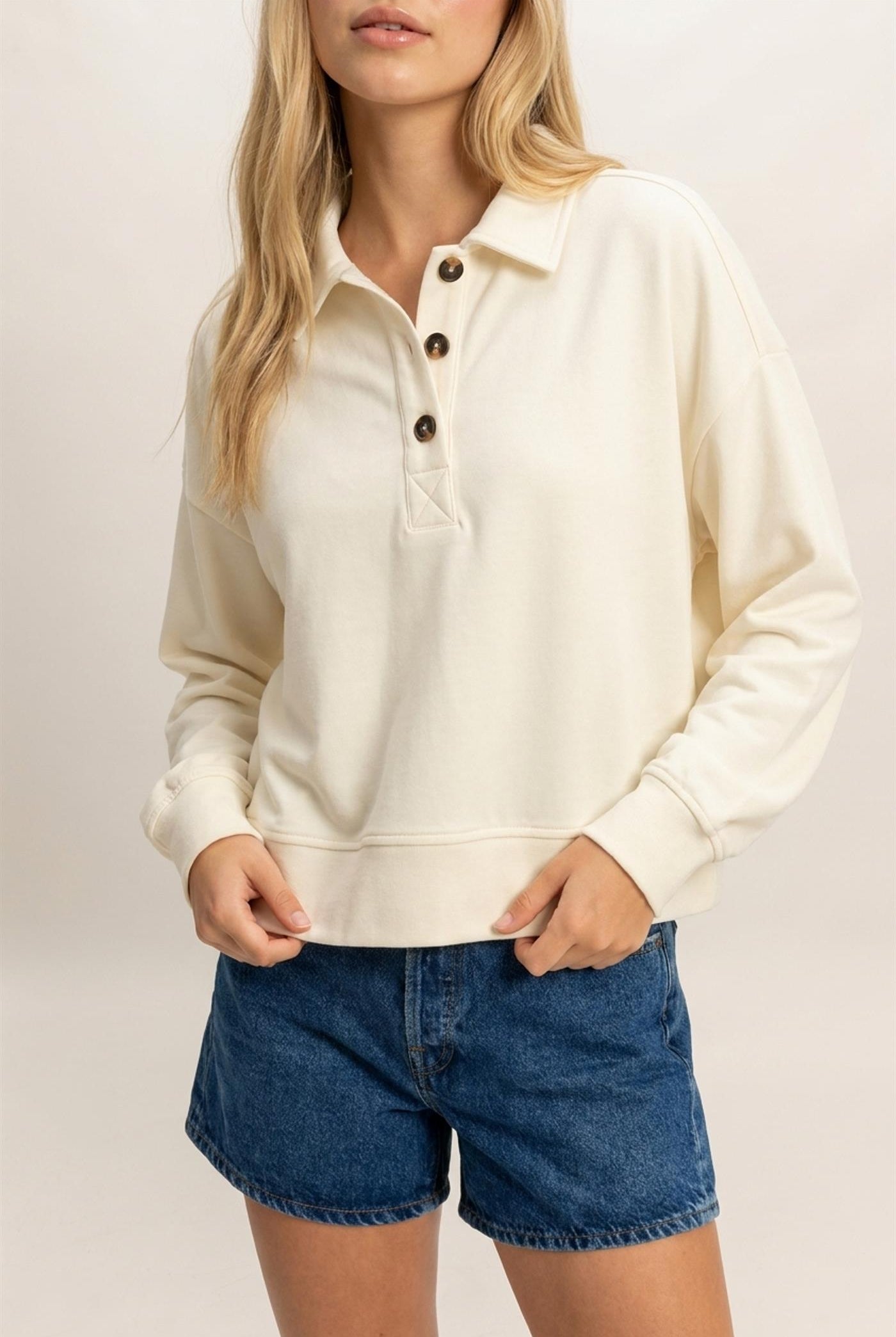 Wholesale Washed Button-Front Collared Sweatshirt Sweatshirts DZ26E390 CREAM DOUBLE ZERO