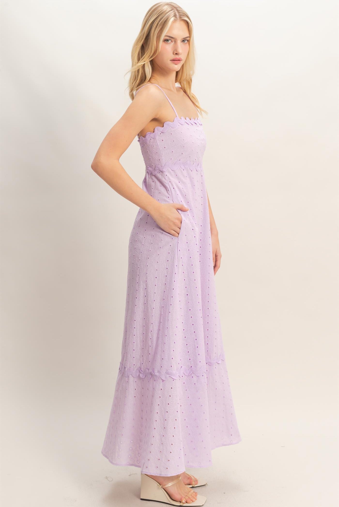Wholesale Scallop Trim Eyelet Midi Dress Dresses HF26A694 LAVENDER HYFVE
