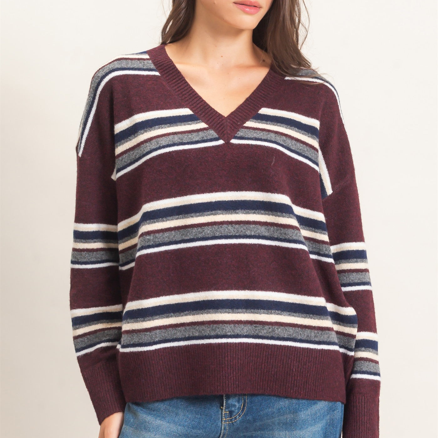 Wholesale V-Neck Striped Sweater Sweaters HF26E476 WINE HYFVE