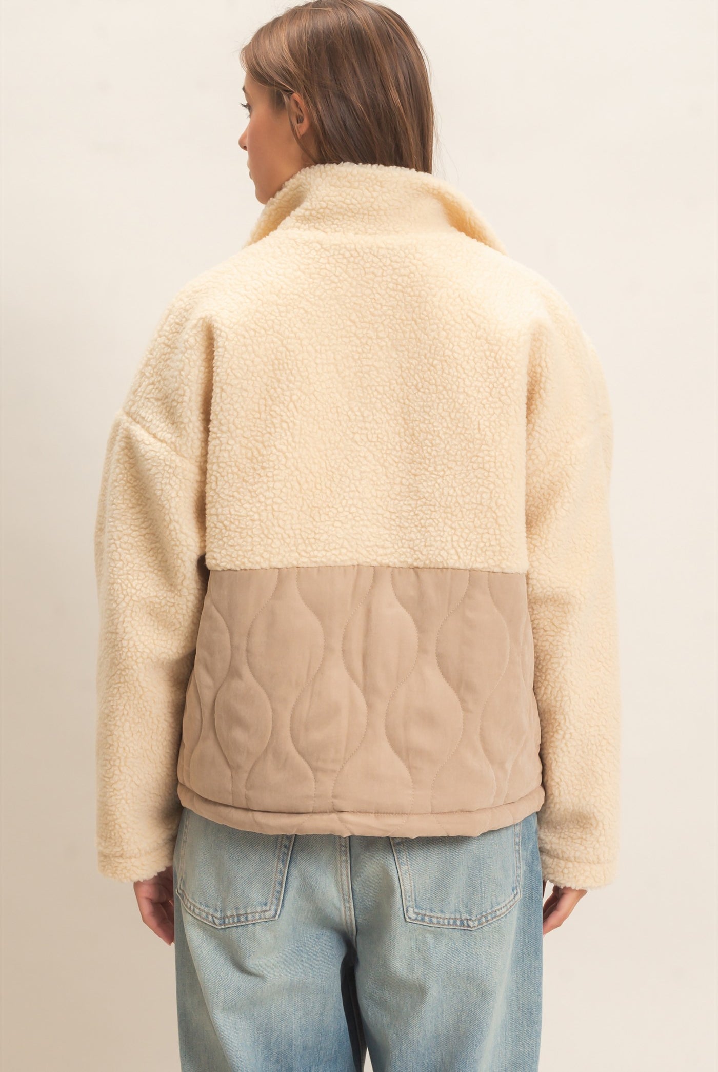Wholesale Quilted Sherpa Zip Up Jacket Coats & Jackets DZ26F259 TAUPE DOUBLE ZERO