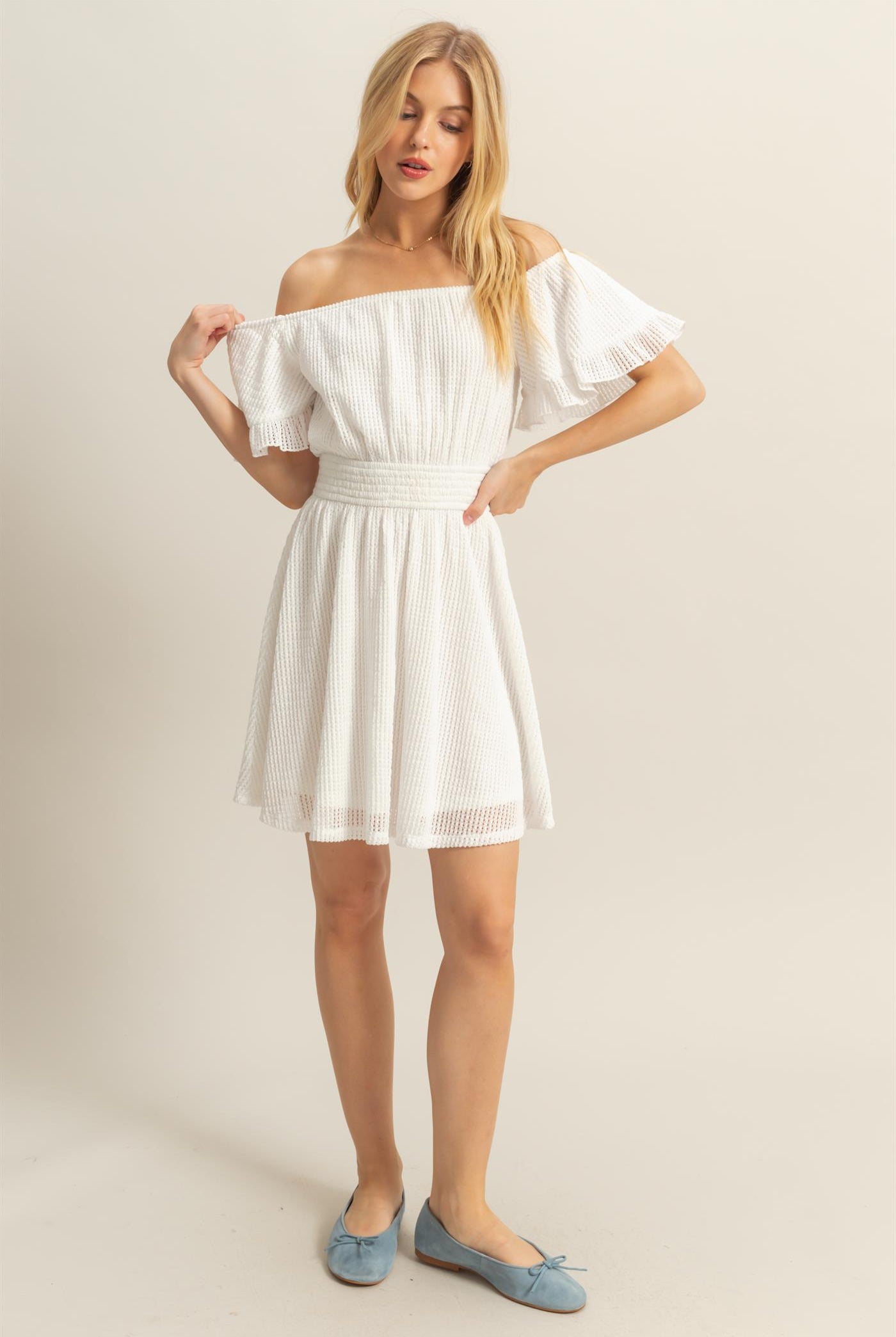 Wholesale Crochet Off-The-Shoulder Mini Dress Dresses HF25E125 WHITE HYFVE