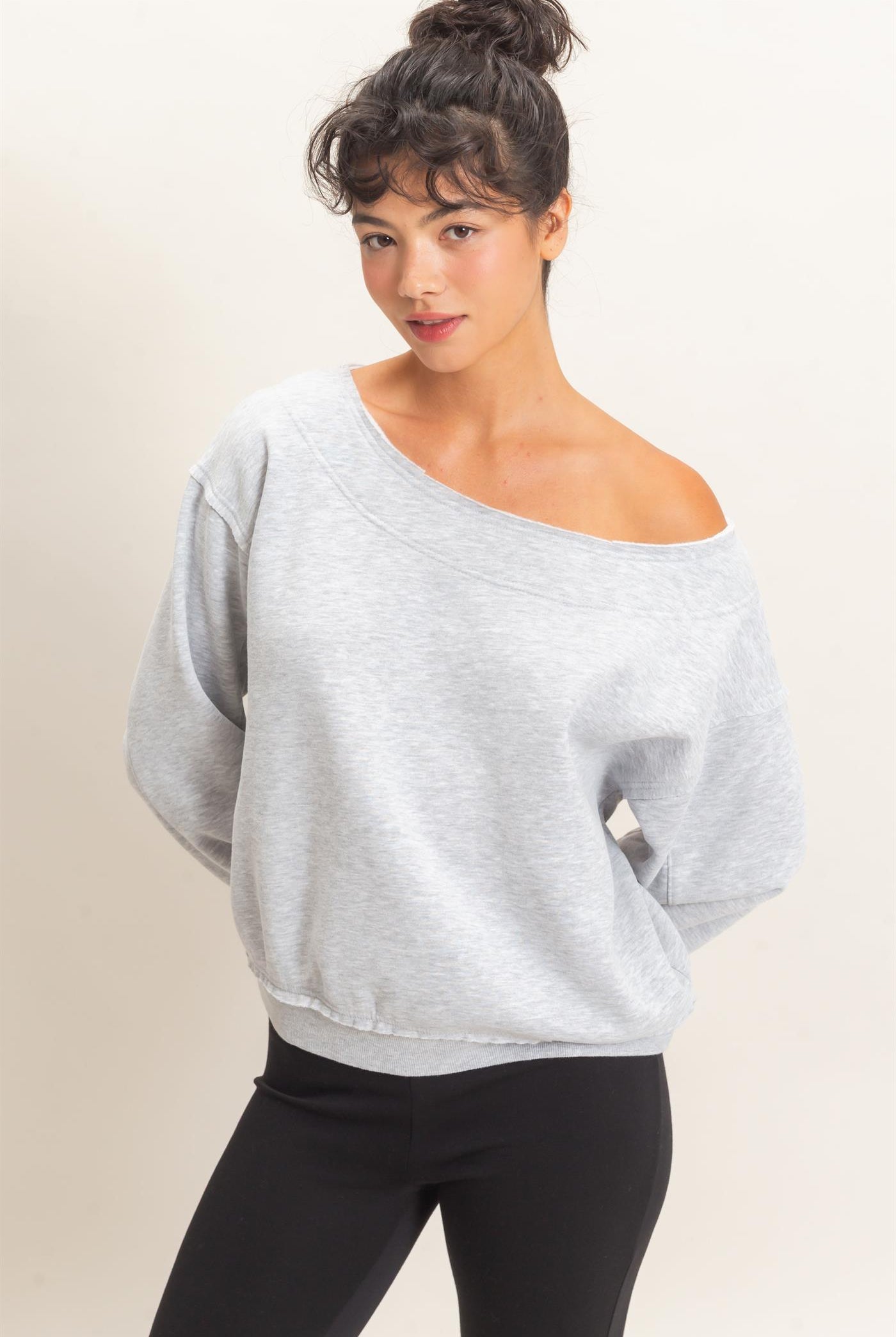 Wholesale Off Shoulder Sweatshirt Sweatshirts DZ26C880 HEATHER GRAY DOUBLE ZERO