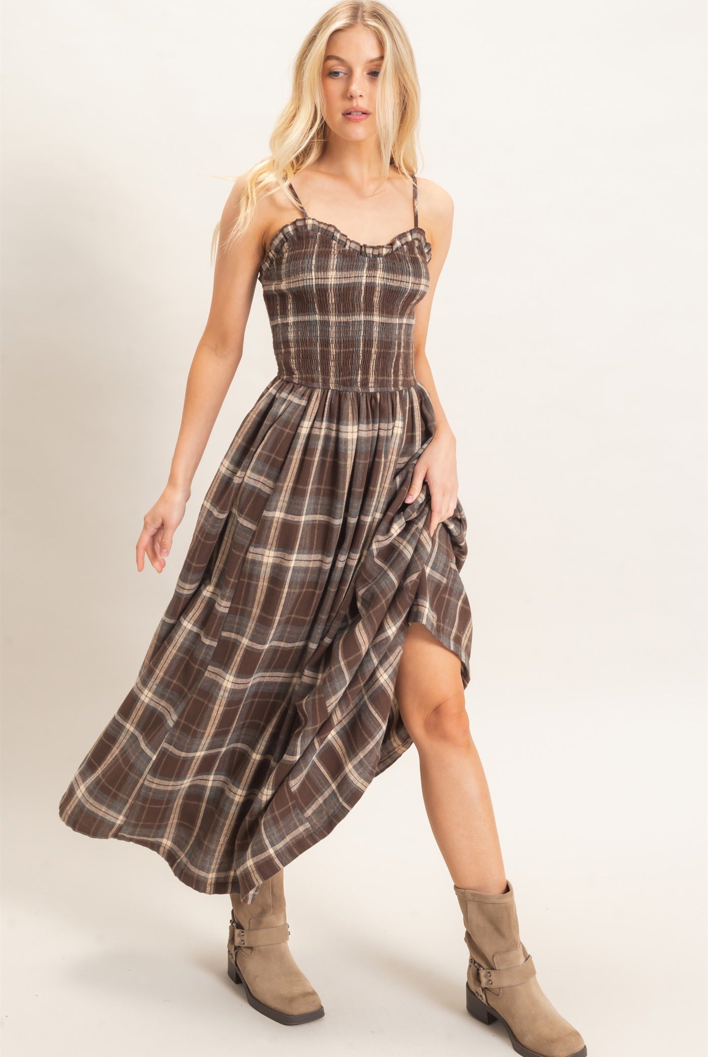 Wholesale Plaid Smocked Maxi Dress Dresses HF26C898 BROWN HYFVE