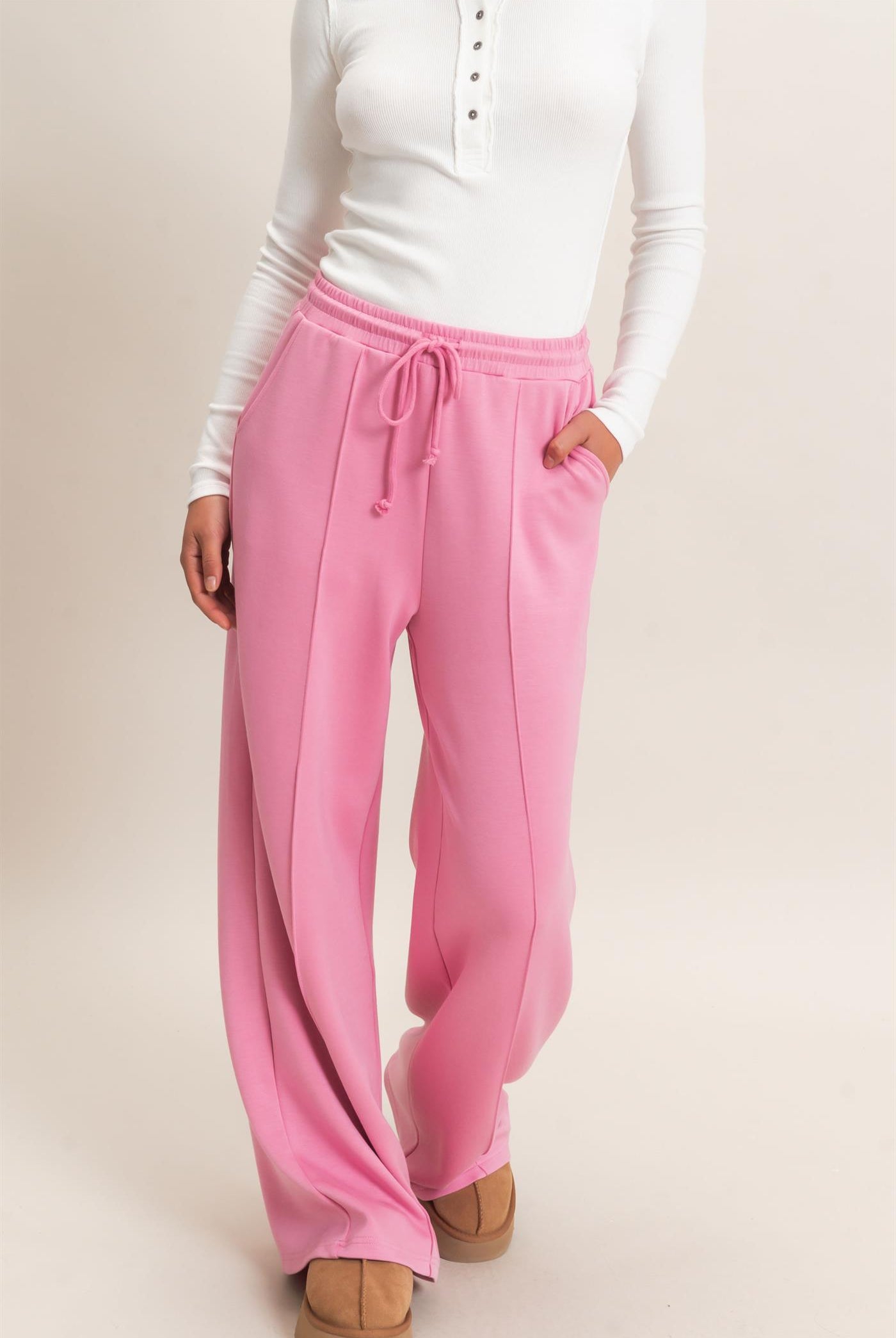 Wholesale Drawstring Waist Pintuck Wide Leg Pants Pants DZ26E384 PINK HYFVE