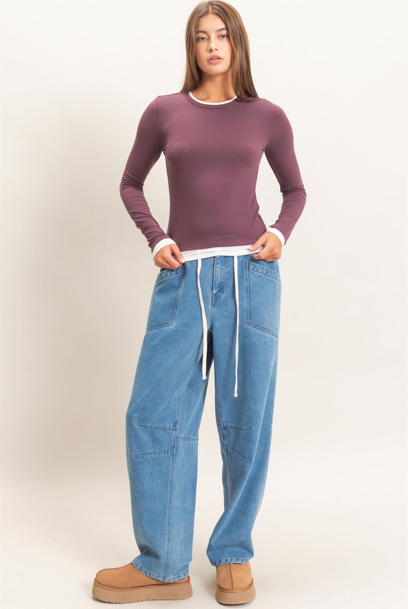 Wholesale Layered Effect Long Sleeve Top Clothing Tops DZ26F341 COCOA DOUBLE ZERO
