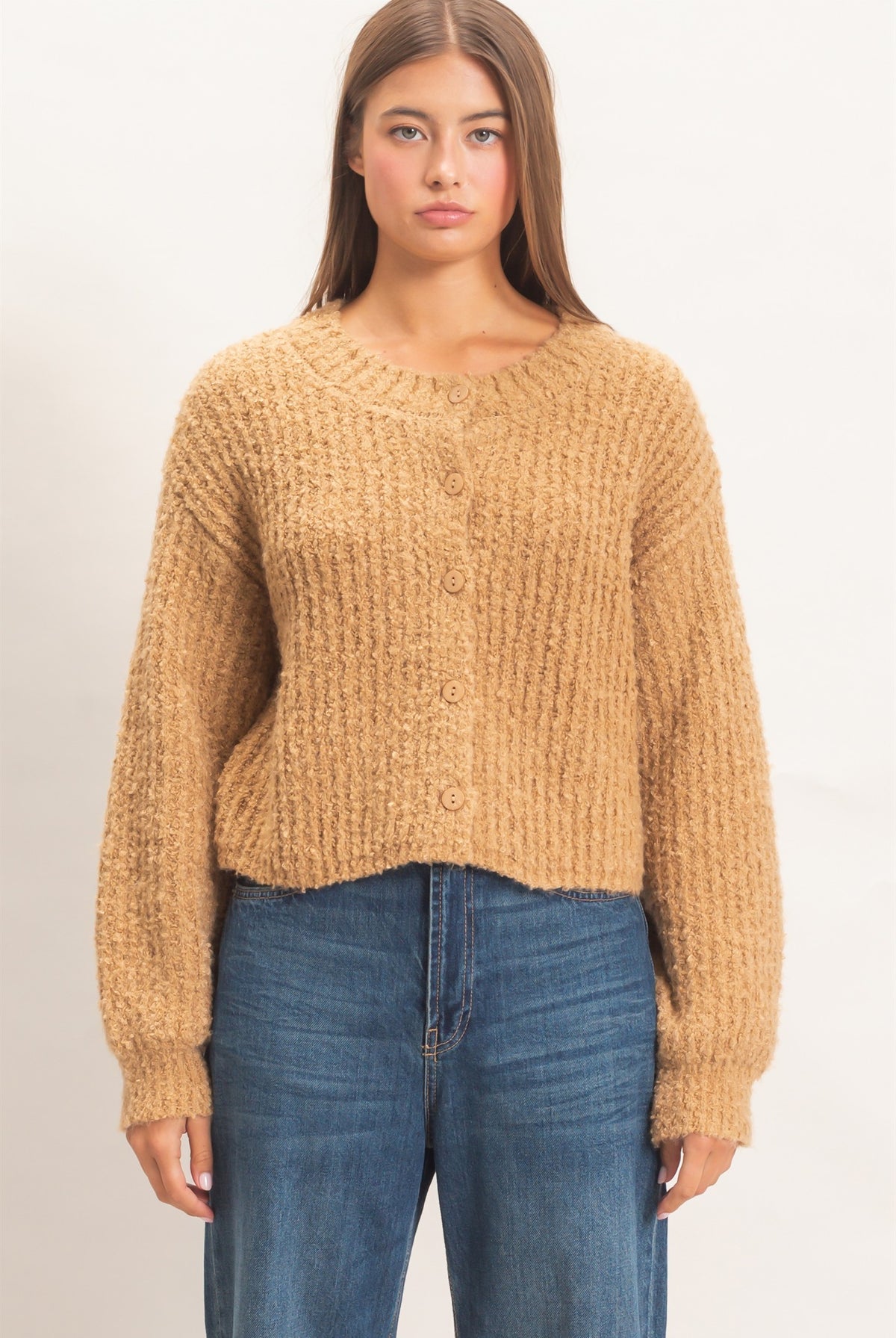Wholesale Boucle Knit Button Front Cardigan Cardigans DZ26E270 TAUPE DOUBLE ZERO