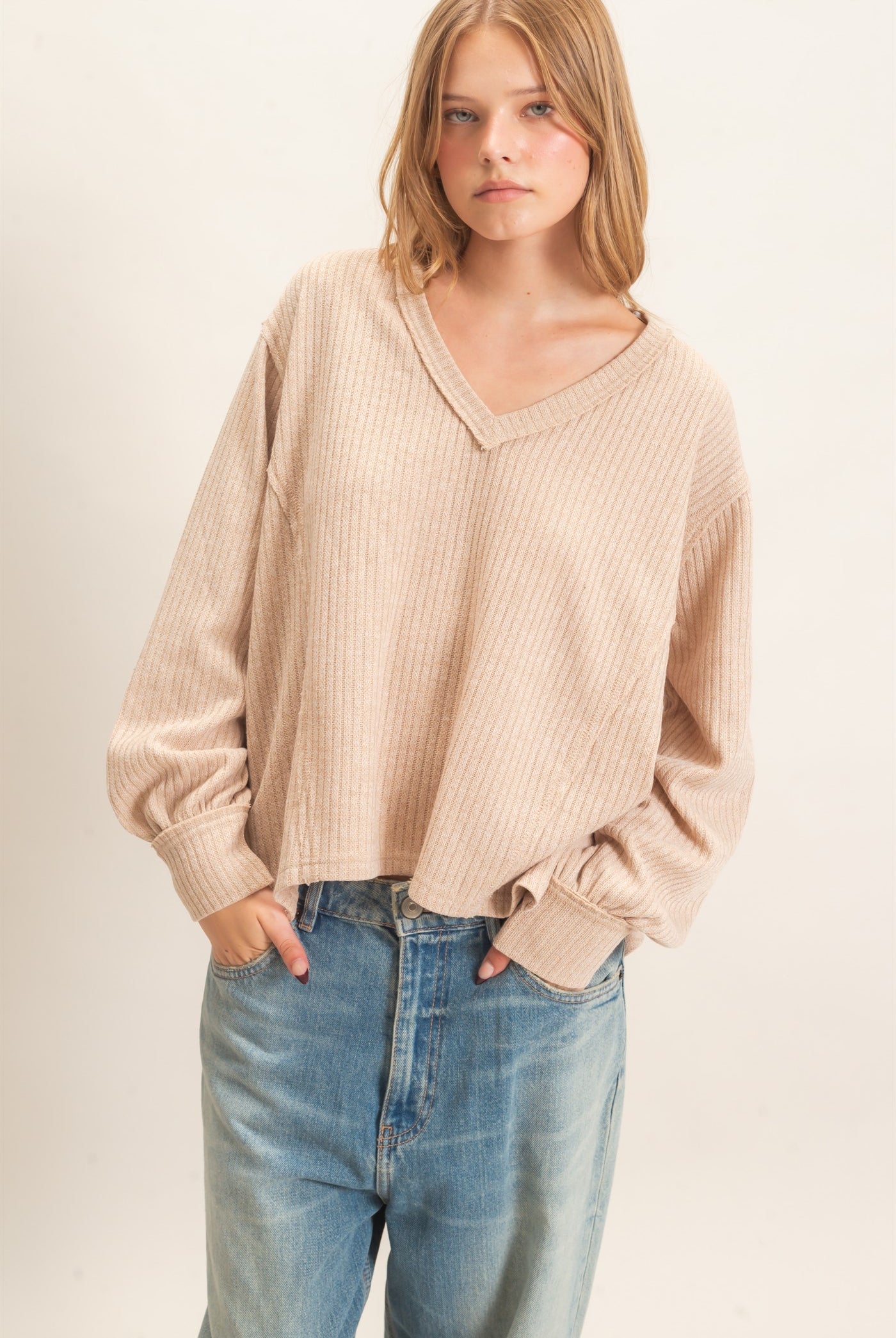 Wholesale Ribbed V-Neck Knit Top Shirts HF26F351 BEIGE HYFVE