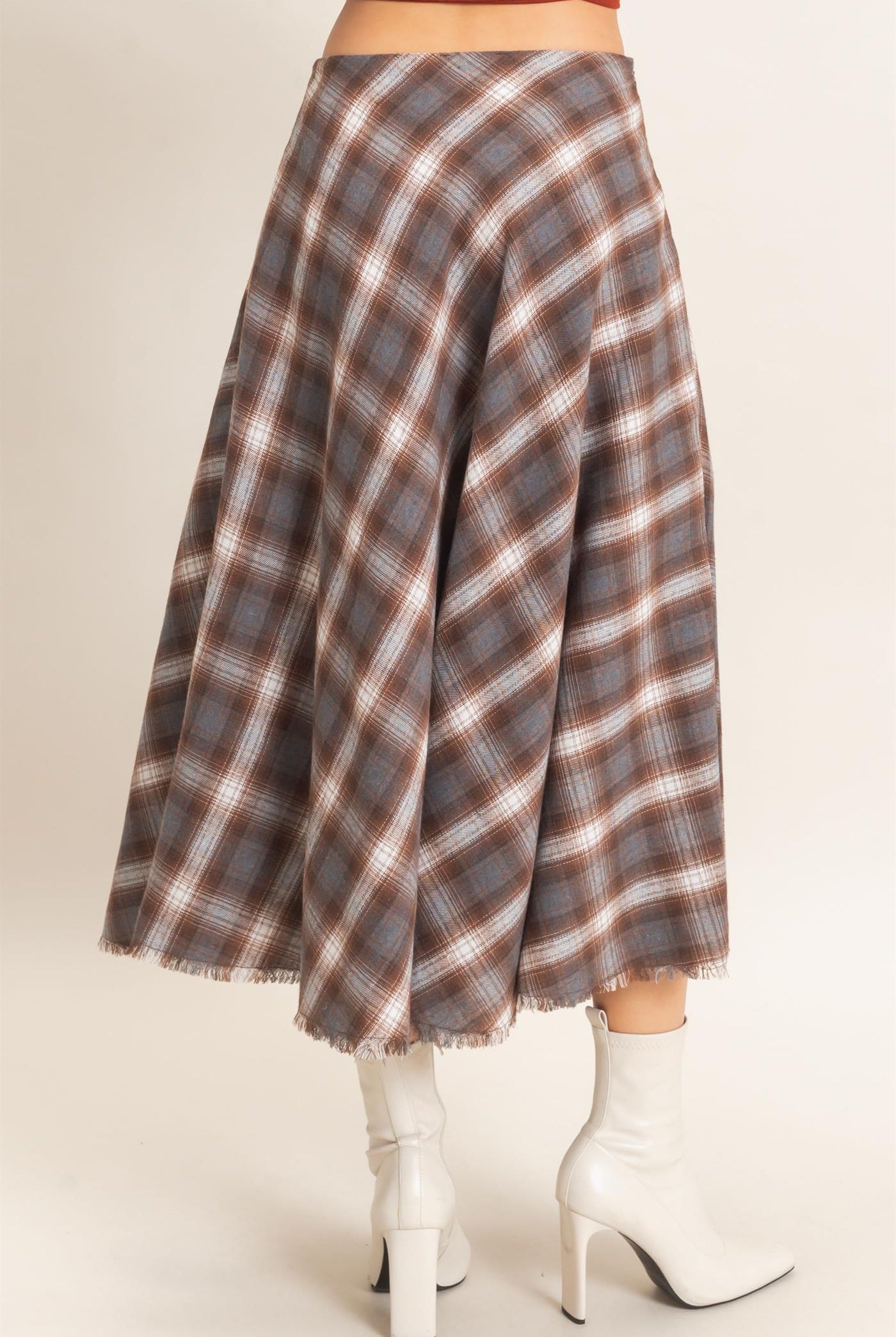 Wholesale A-Line Plaid Frayed Hem Skirt Skirts HF26E972 BROWN HYFVE