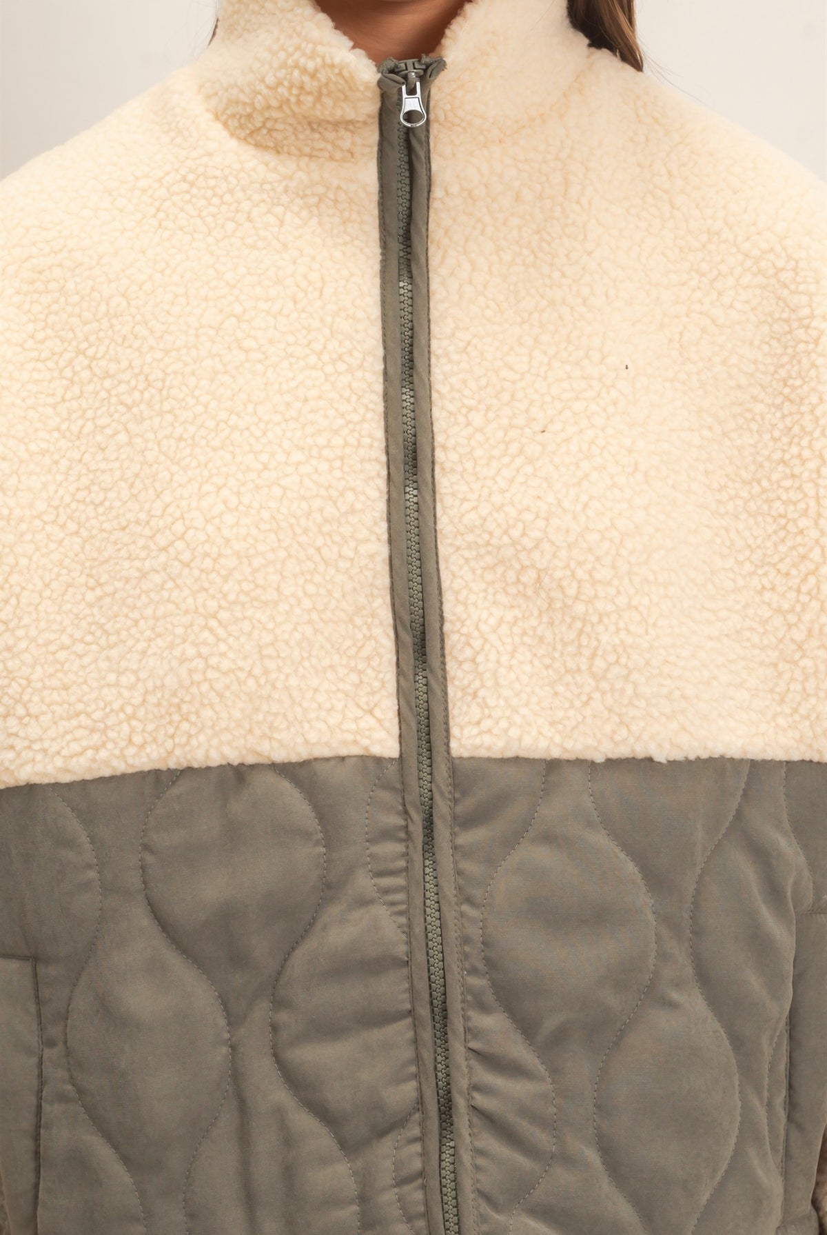 Wholesale Quilted Sherpa Zip Up Jacket Coats & Jackets DZ26F259 OLIVE DOUBLE ZERO