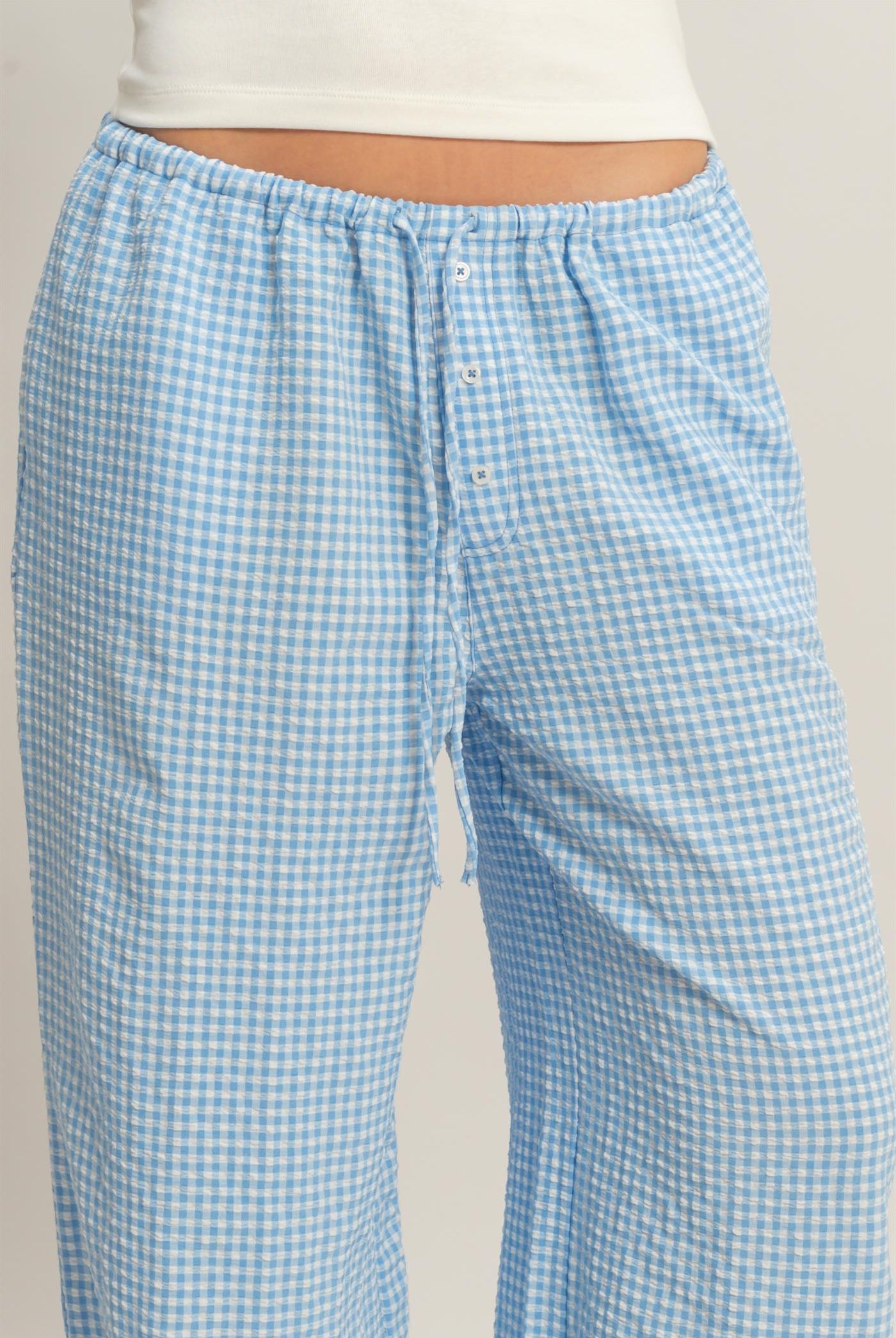 Wholesale Gingham Drawstring Wide-Leg Pants Pants DZ26C202 BLUE DOUBLE ZERO