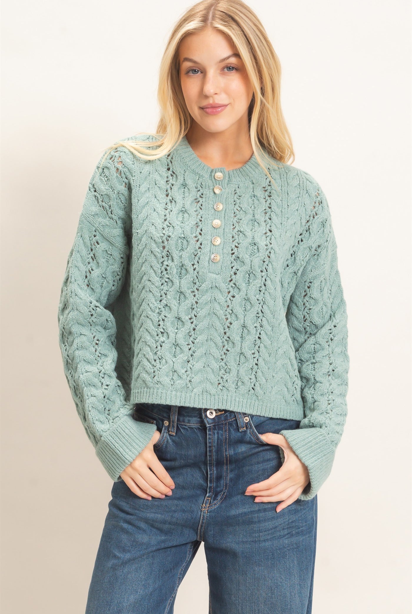 Wholesale Cable Knit Henley Sweaters HF26E552 CALMING GREEN HYFVE
