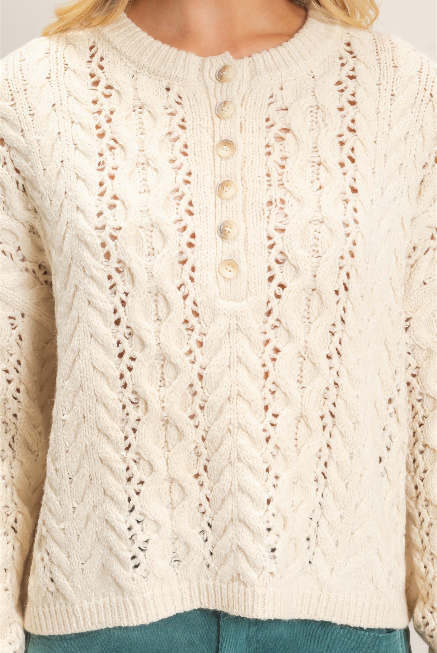 Wholesale Cable Knit Henley Sweaters HF26E552 CREAM HYFVE
