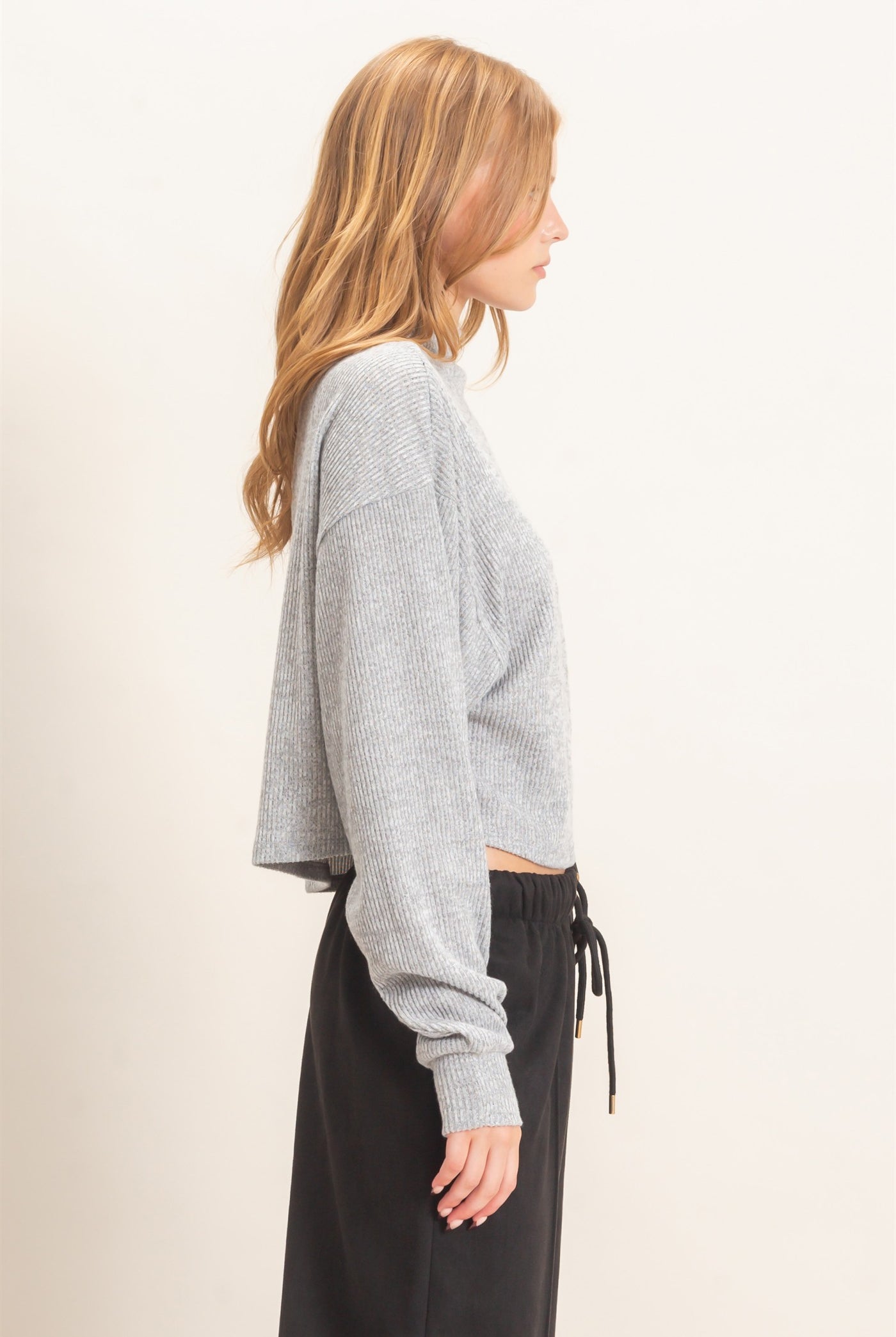 Wholesale Ribbed Mock Neck Top Clothing Tops HF26F030 GRAY HYFVE