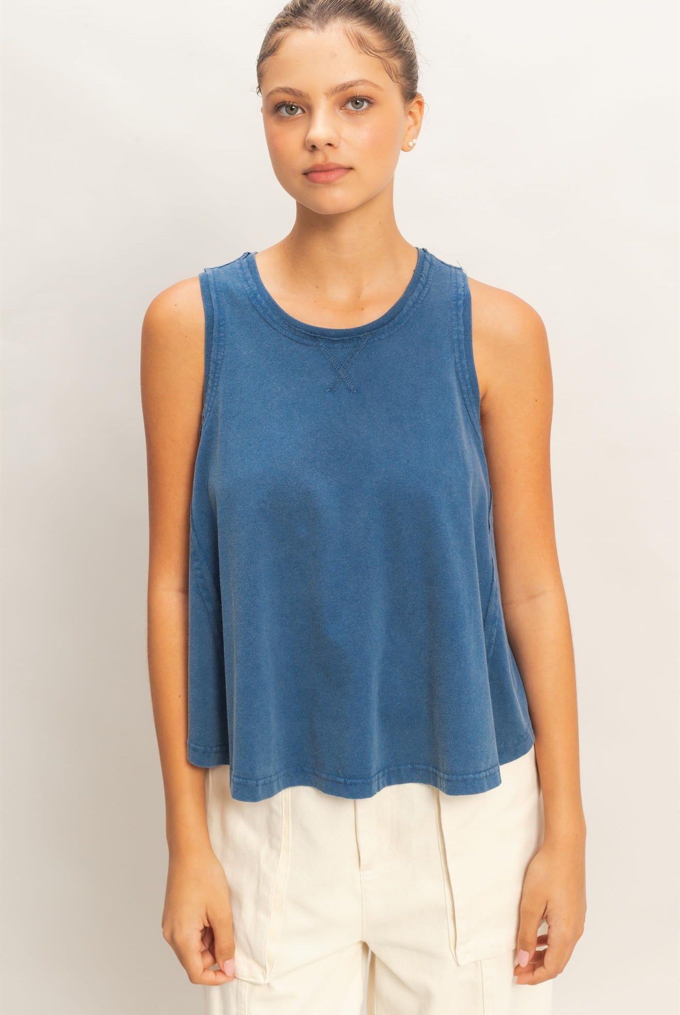 Wholesale Raw Edge Details Sleeveless Washed Top Clothing Tops DZ26E278 NAVY DOUBLE ZERO