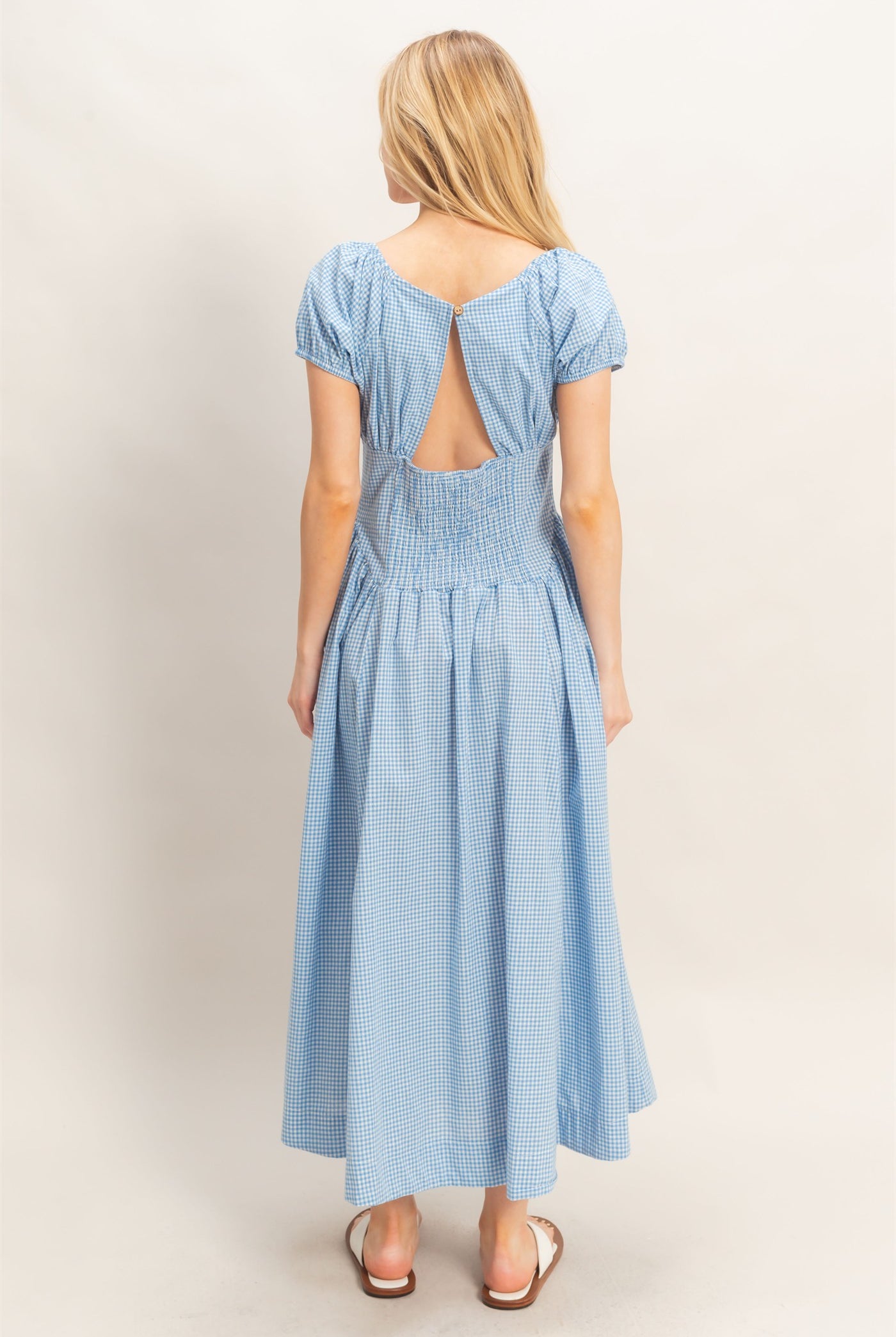 Wholesale Gingham Puff Sleeve Dress Dresses HF26A321 BLUE HYFVE