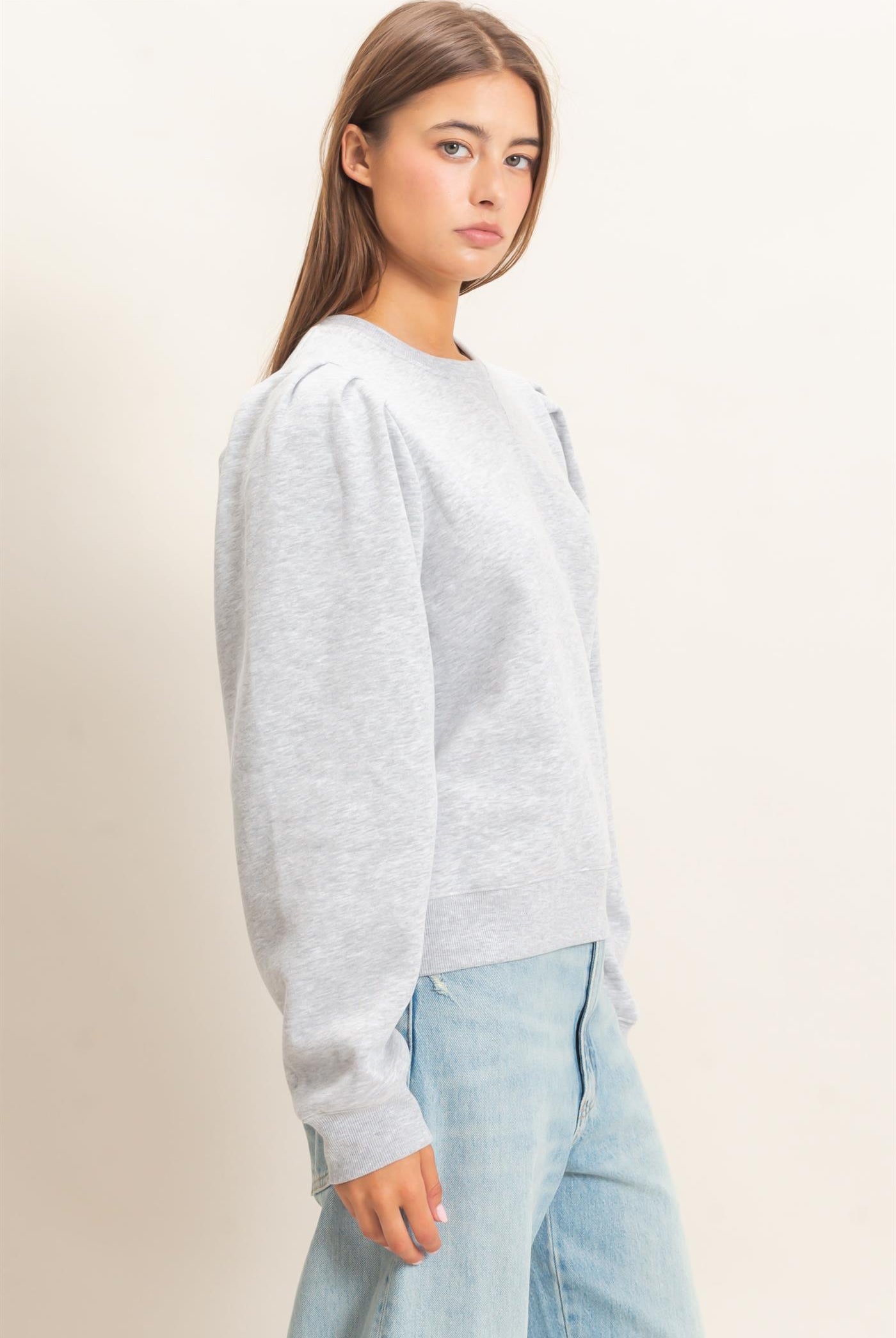 Wholesale Puff Sleeve Crew Neck Sweatshirt Sweatshirts DZ26E110 HEATHER GRAY DOUBLE ZERO