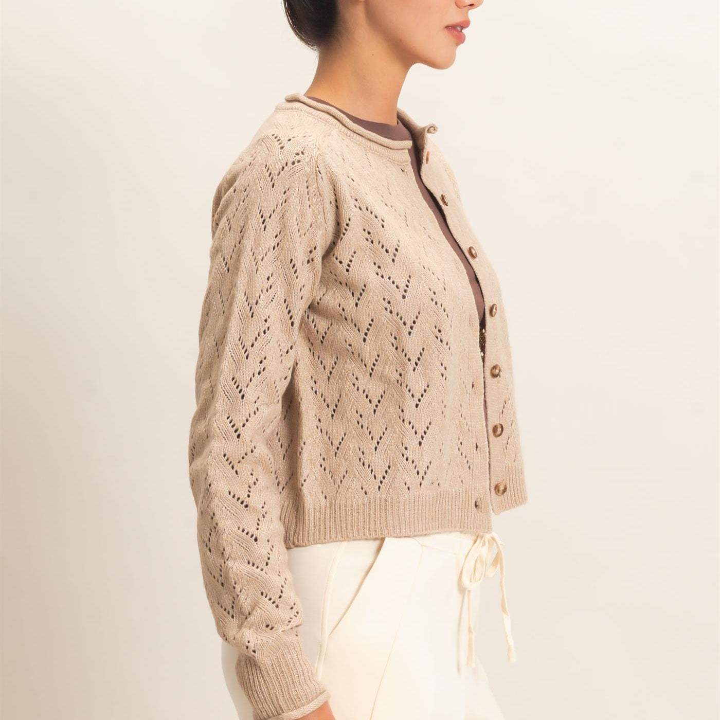 Wholesale Pointelle Knit Button Front Cardigan Cardigans DZ26C978 DARK TAUPE DOUBLE ZERO