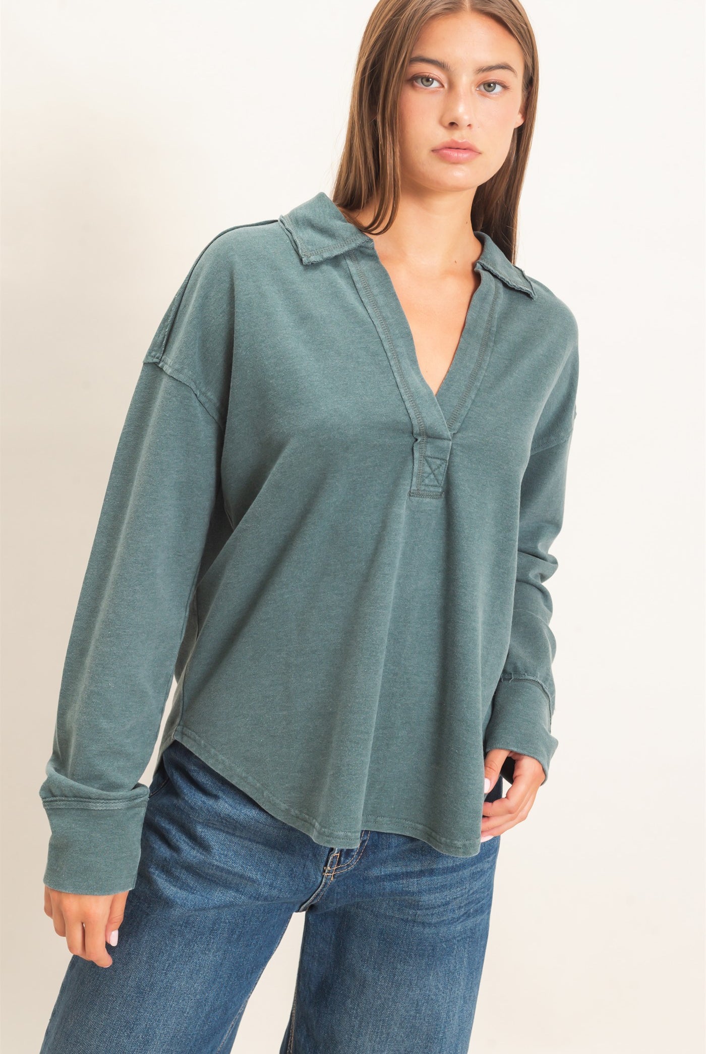 Wholesale Mineral Washed Polo Collar Long Sleeve Top Polos DZ26E887 DARK GREEN DOUBLE ZERO