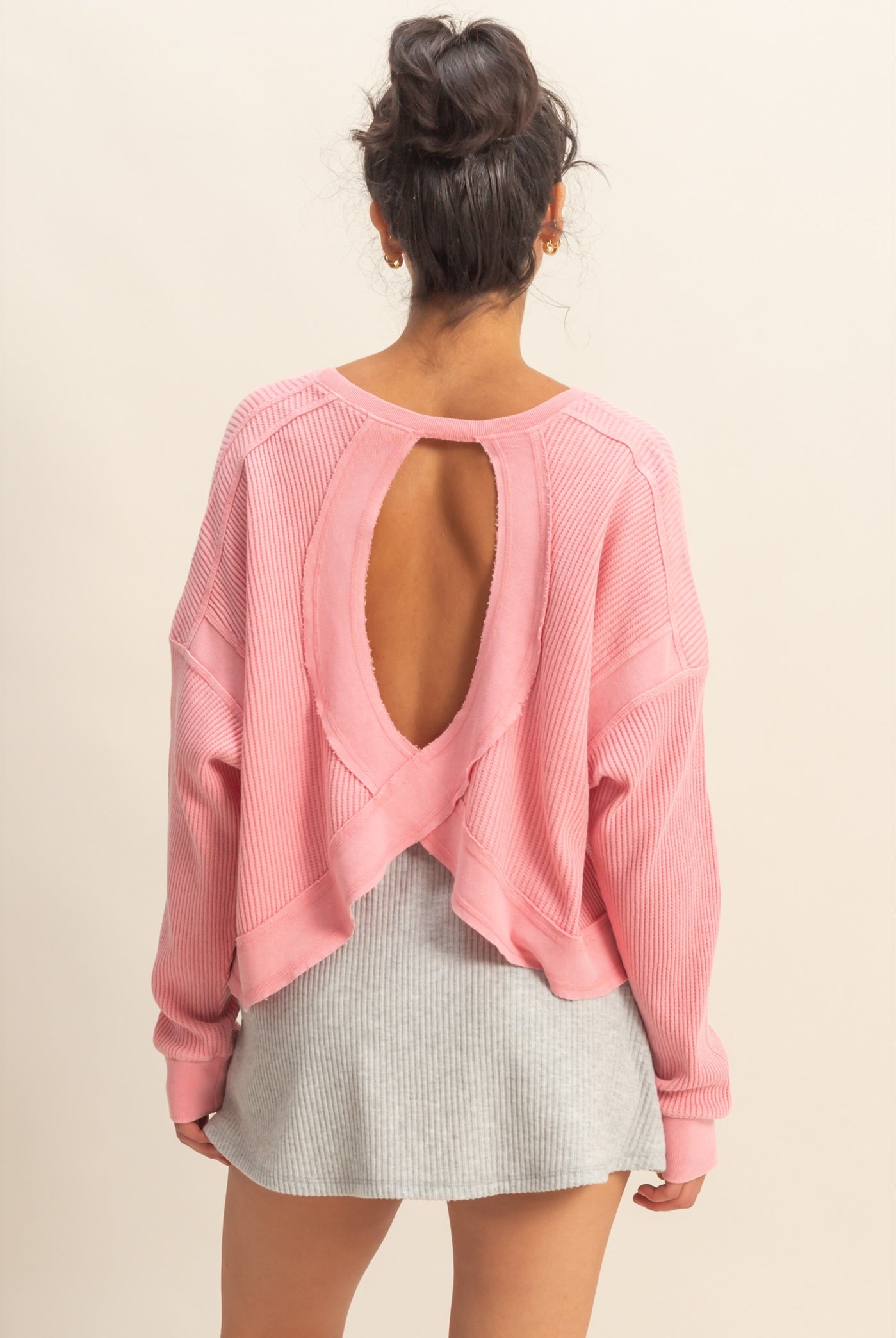 Wholesale Open Back Textured Knit Long Sleeve Top Clothing Tops DZ26A626 TAFFY PINK DOUBLE ZERO